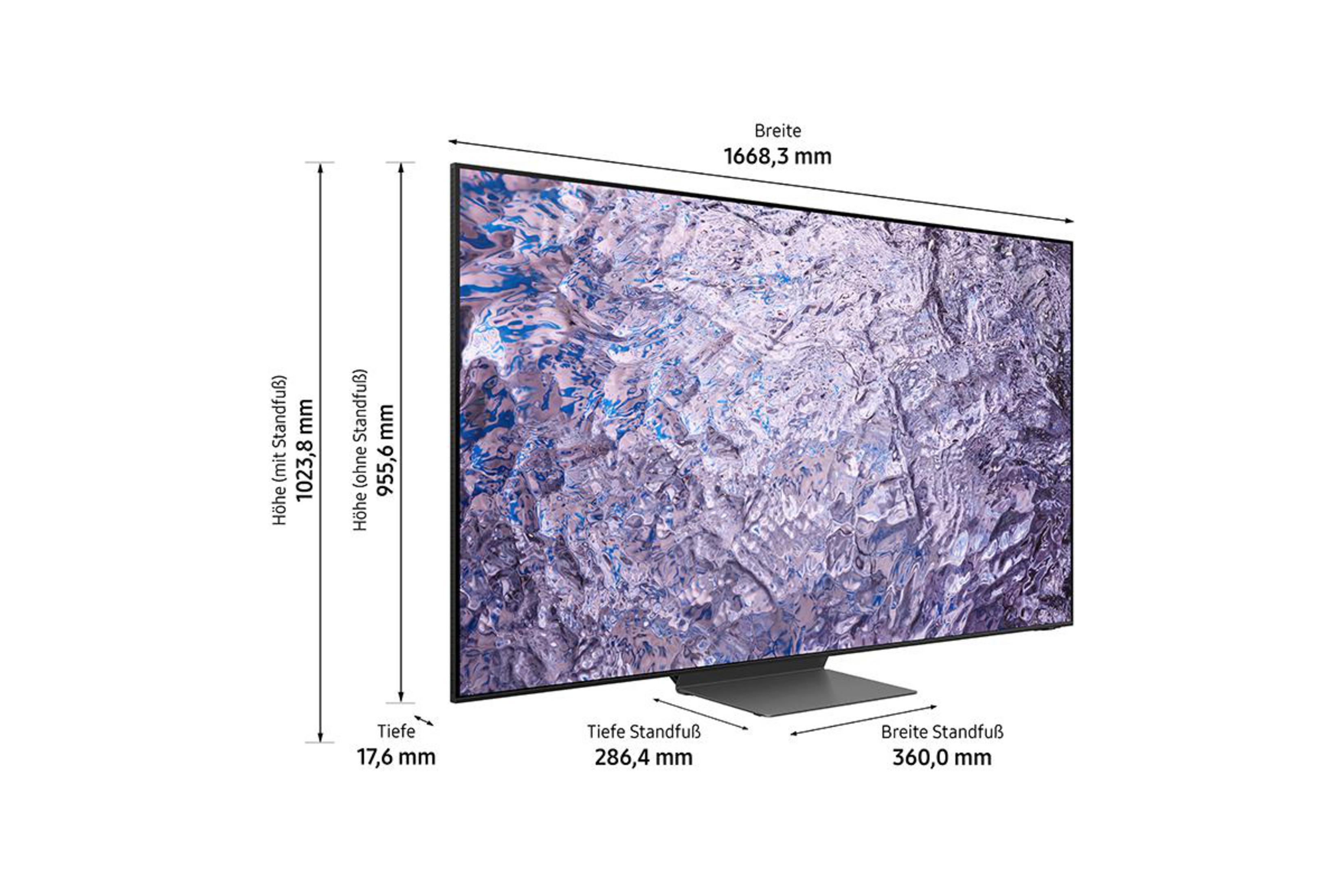 Ein großer Fernseher mit Abmessungen: Breite 1668,3 mm, Höhe mit Fuß 1023,8 mm.