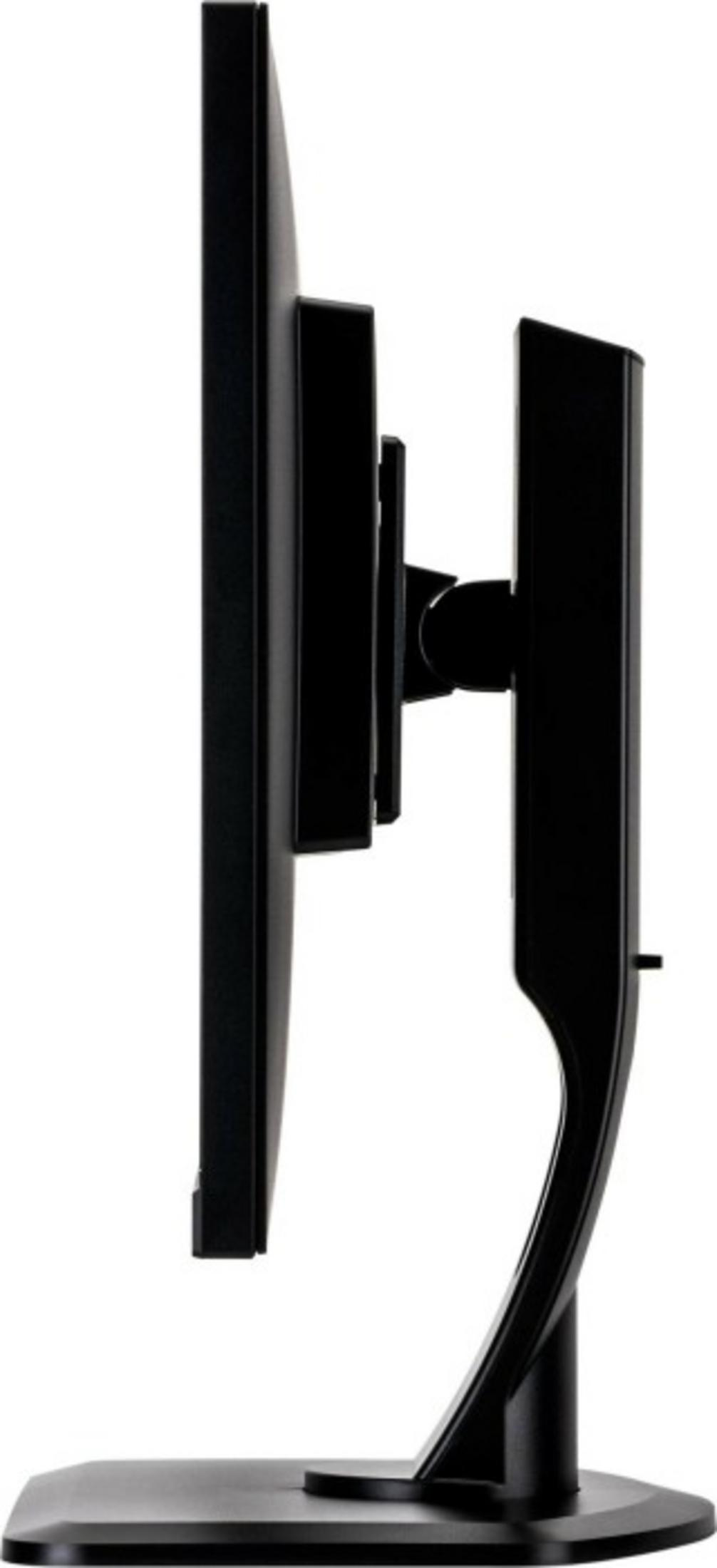 Seitenansicht eines schwarzen Monitors mit schwenkbarem Arm auf einem Sockel.