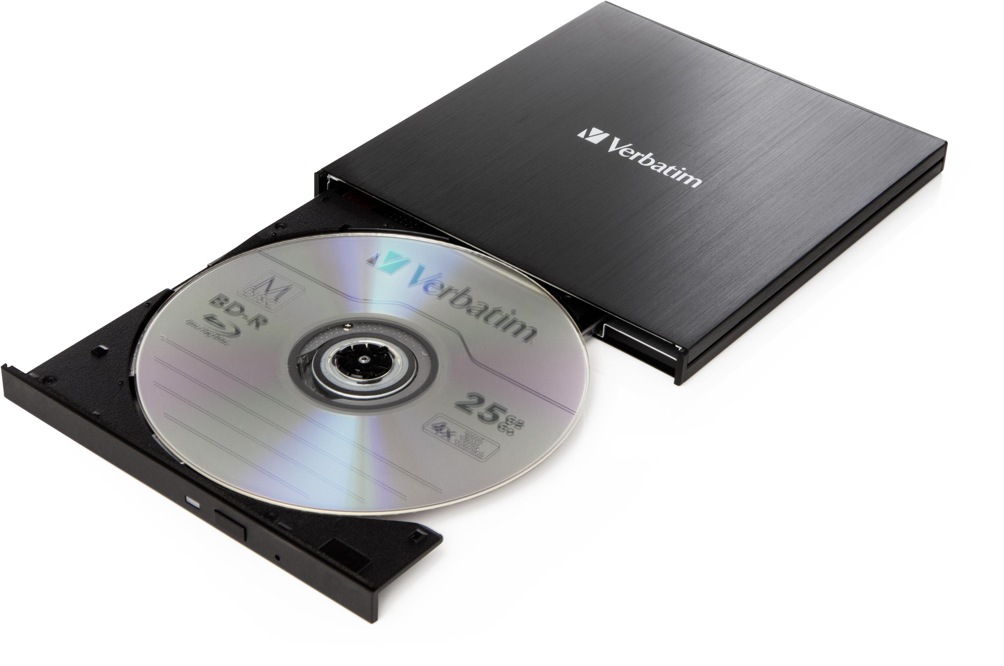 A black external drive with its tray open, showing a Blu-ray disc.