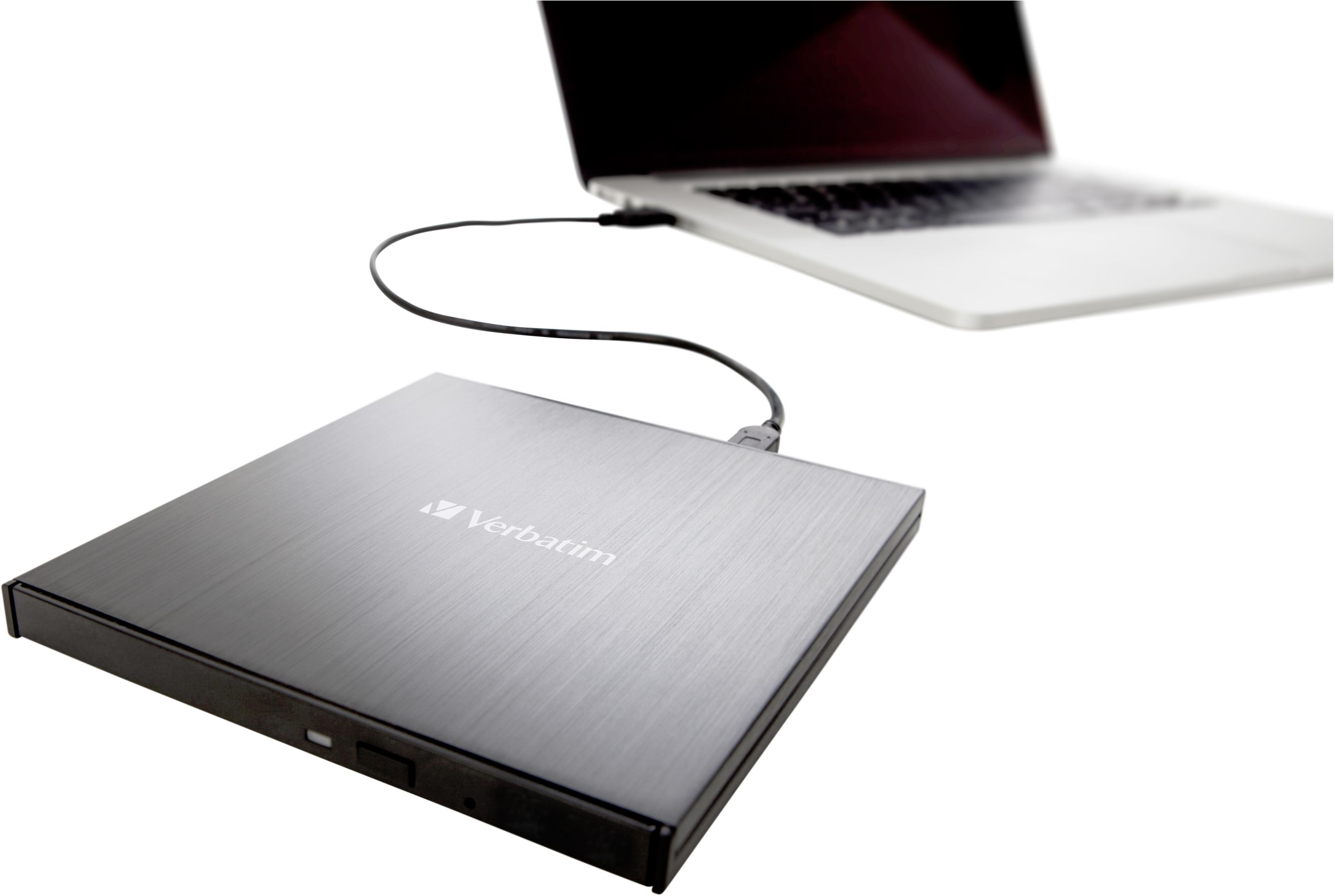 A silver Verbatim CD/DVD drive is connected to a laptop via USB cable.