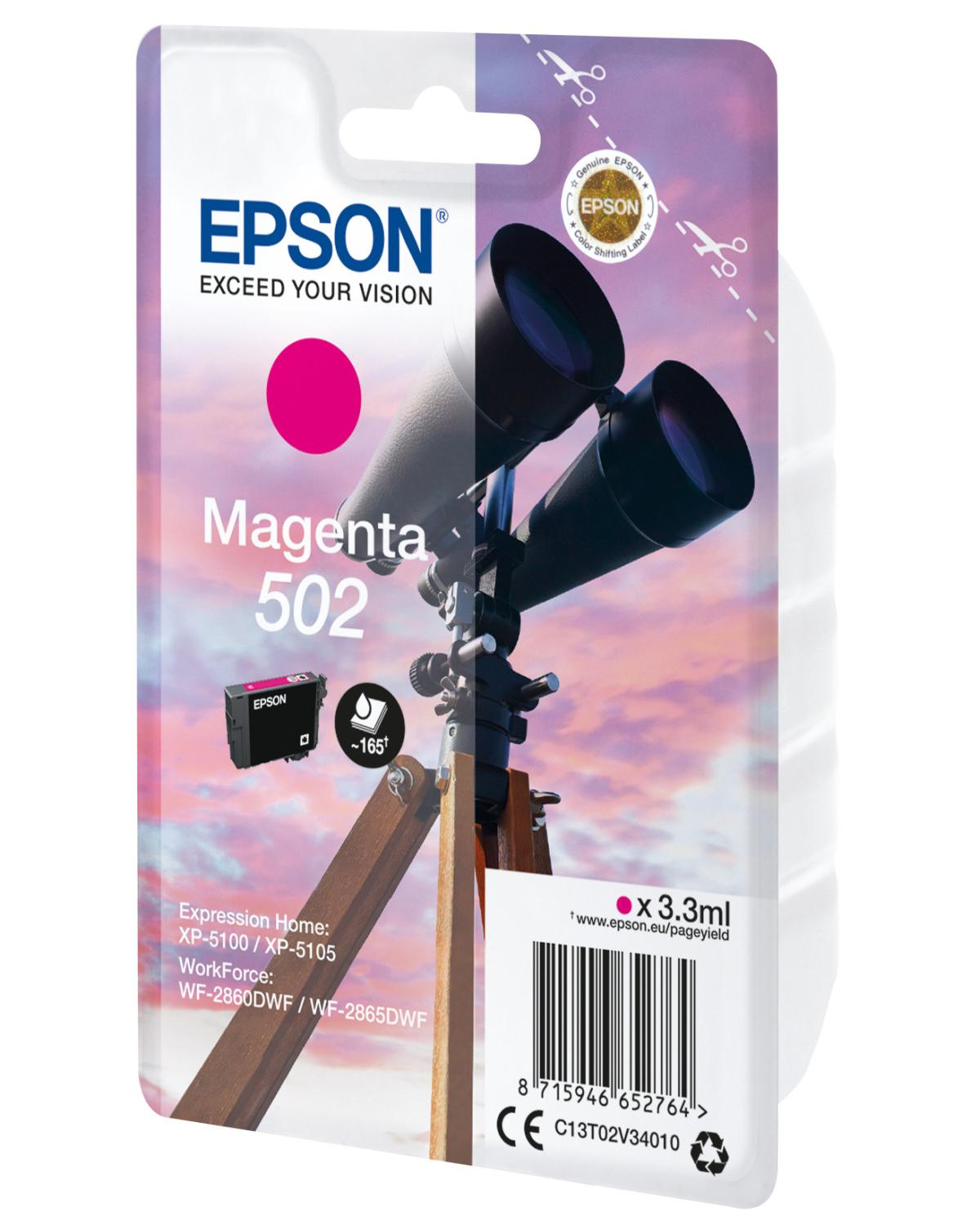 Confezione cartuccia inchiostro Epson magenta 502 con binocolo su treppiede.