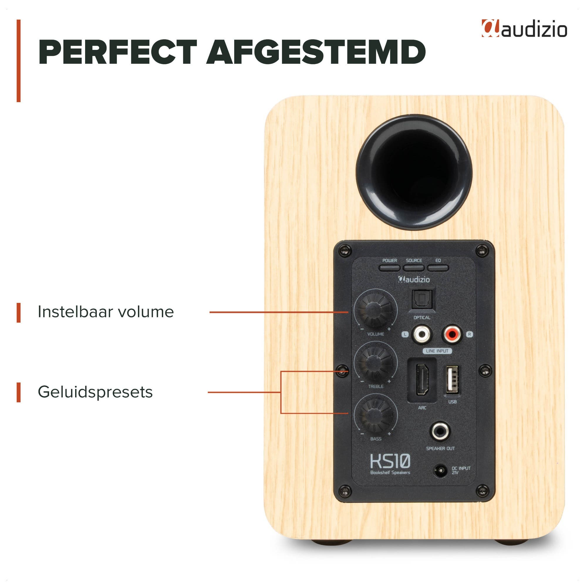 Altavoz de estantería de madera con controles y puertos en la parte trasera.
