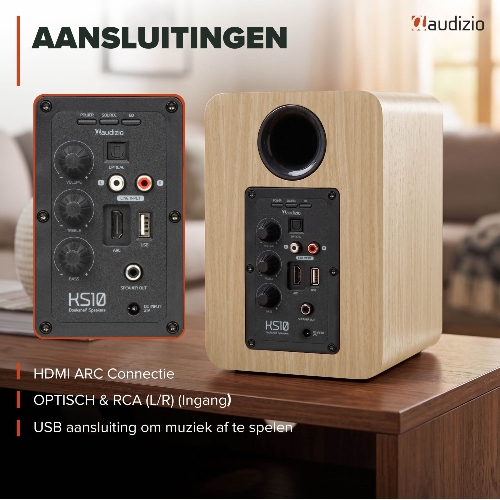 Primer plano de dos altavoces mostrando conexiones: HDMI, USB, Óptica, RCA.