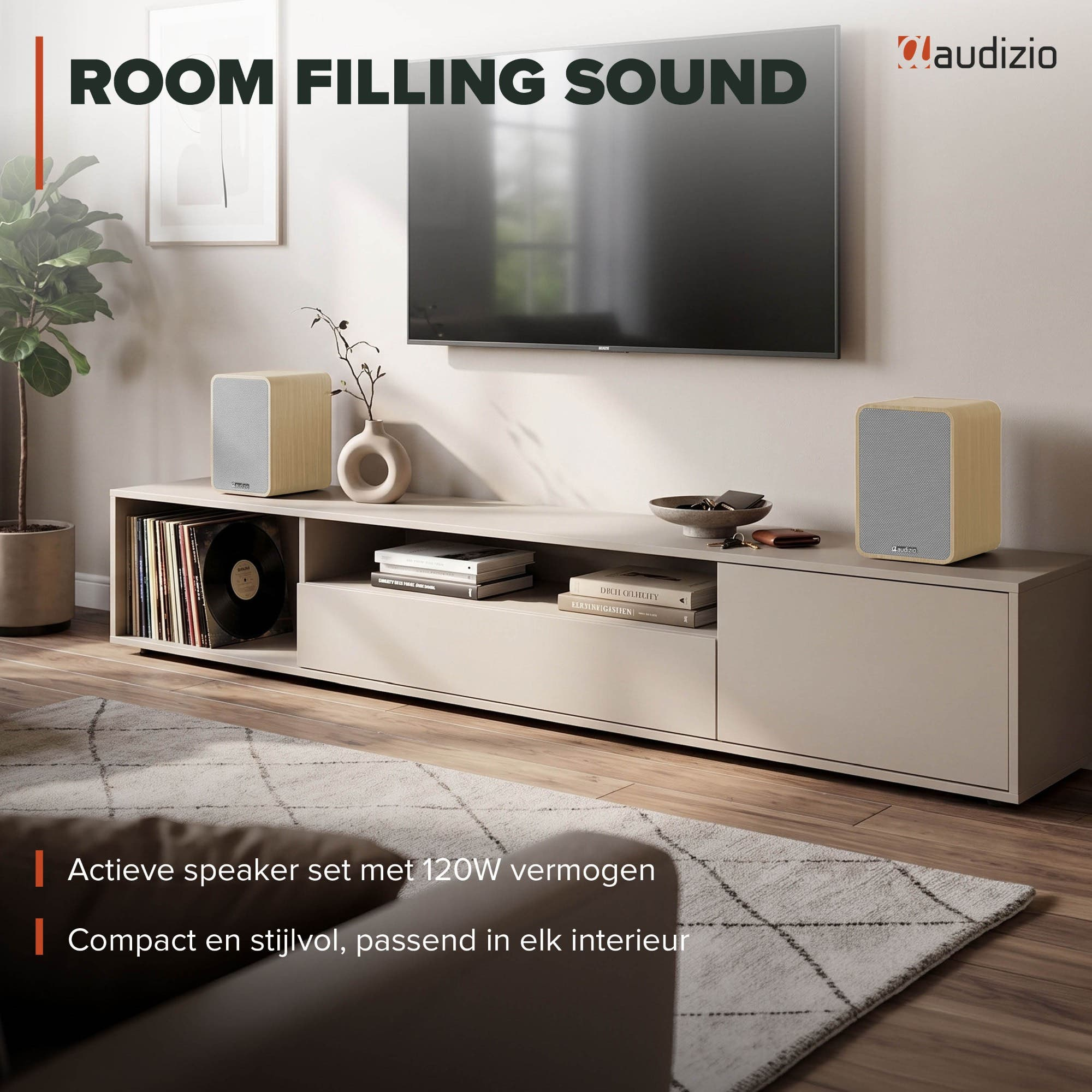 Altavoces de madera en consola multimedia bajo TV.