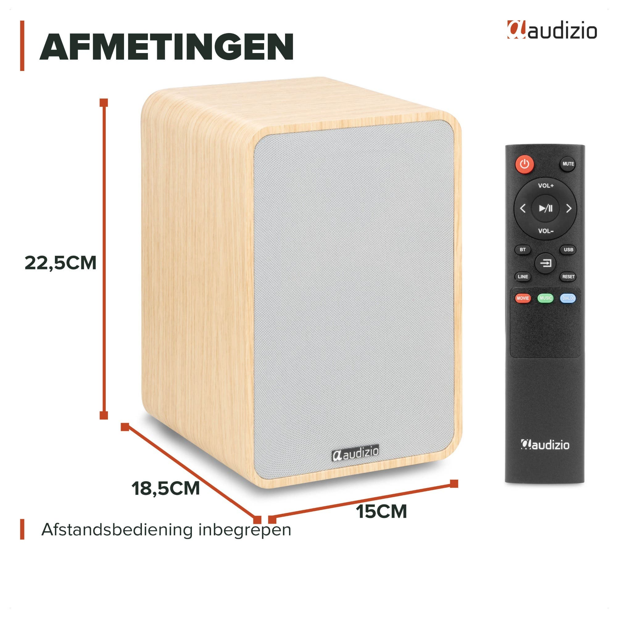 Altavoz de madera con mando a distancia y dimensiones: 22,5x18,5x15cm.