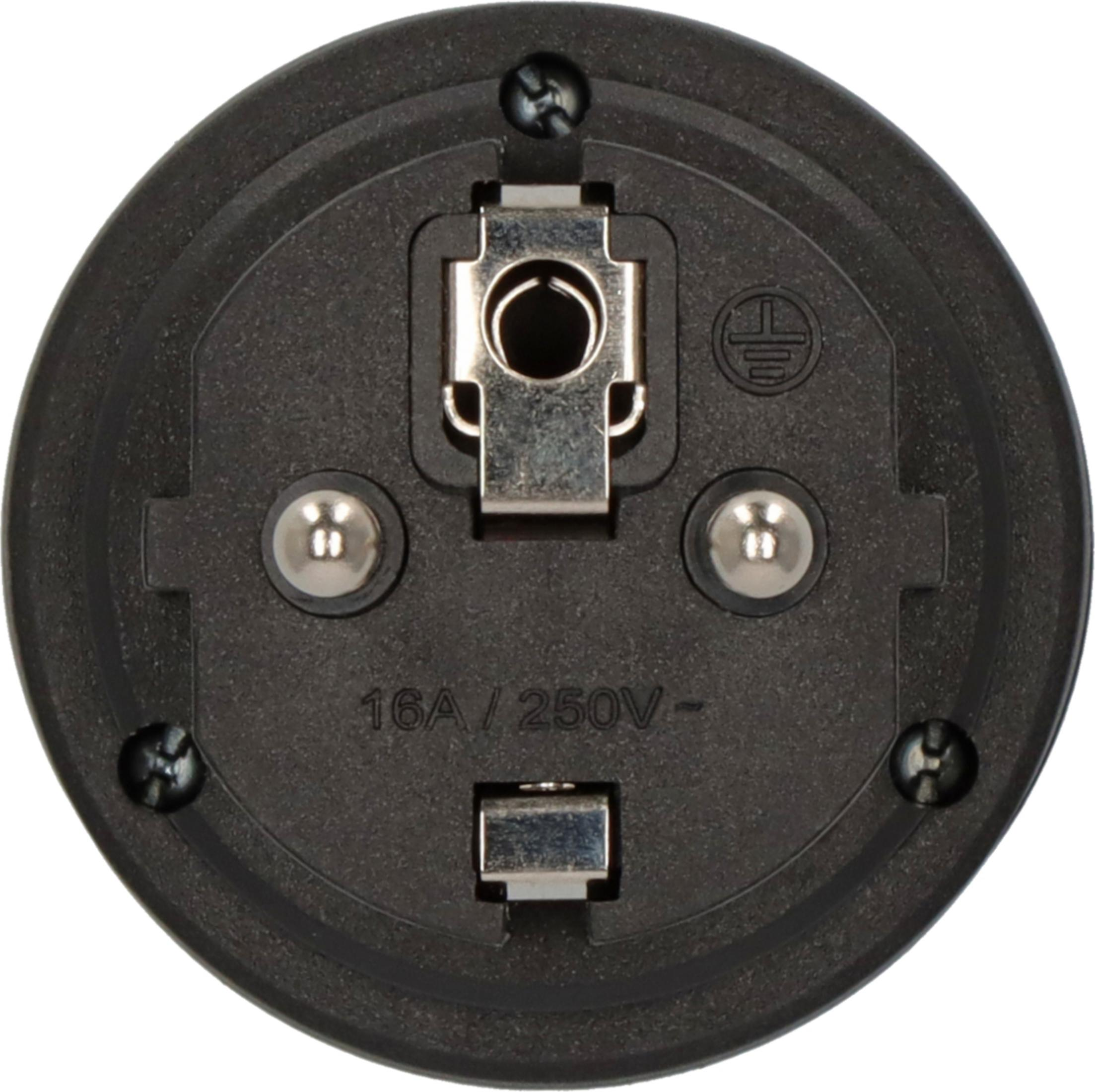 Spina nera con contatti argentati e simbolo di terra. 16A/250V.