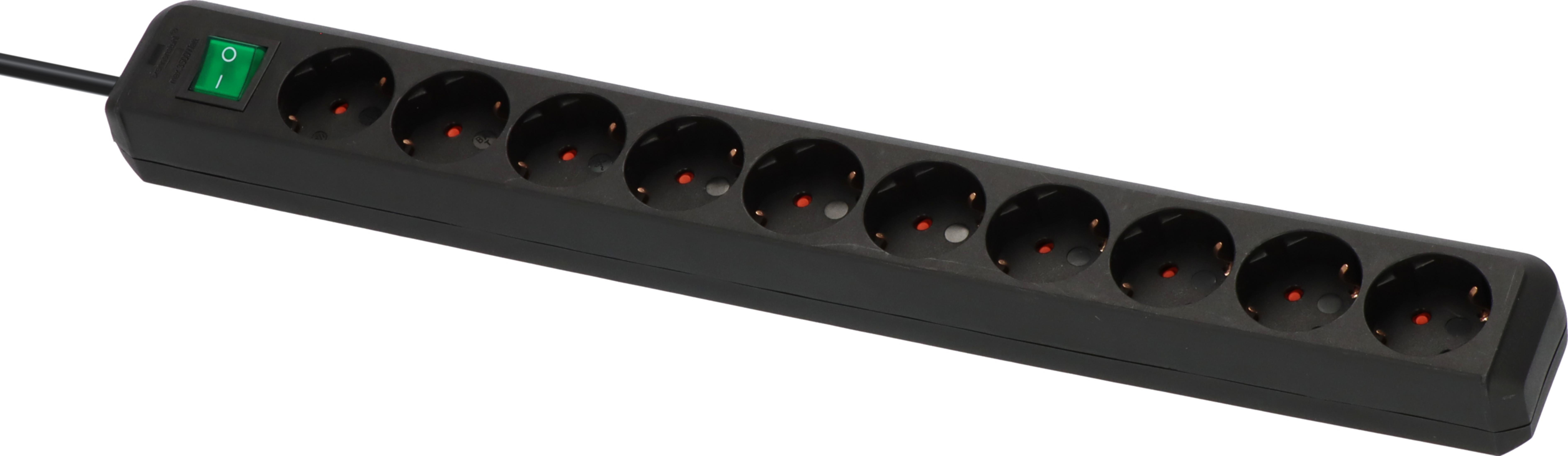 Regleta negra con 9 enchufes y un interruptor verde.