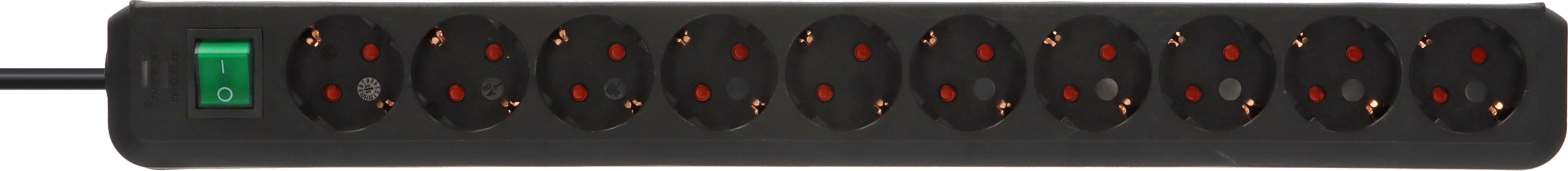 Regleta negra con 9 enchufes y un interruptor verde de encendido/apagado.