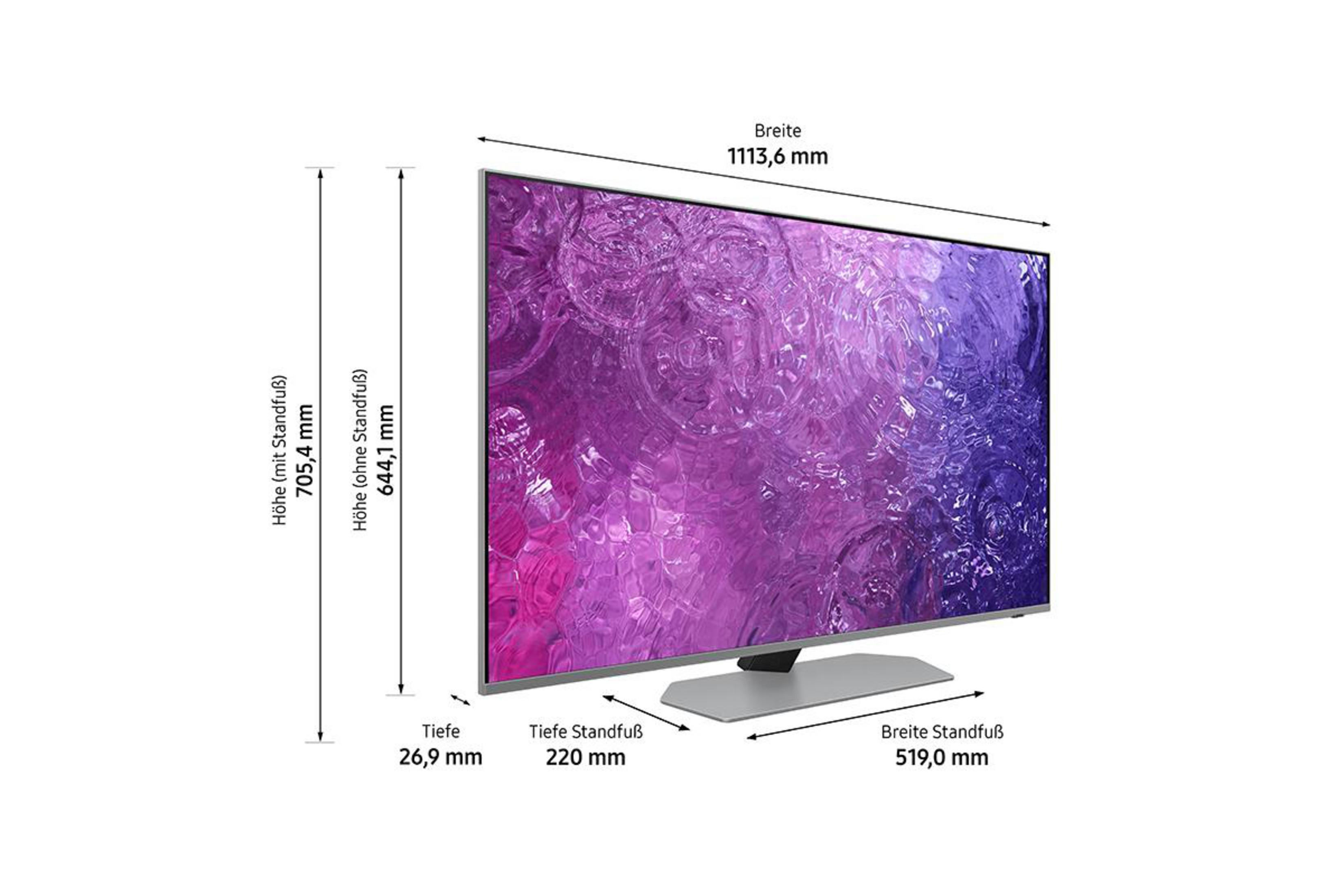 Ein Fernseher mit Maßen, auf lila Hintergrund.