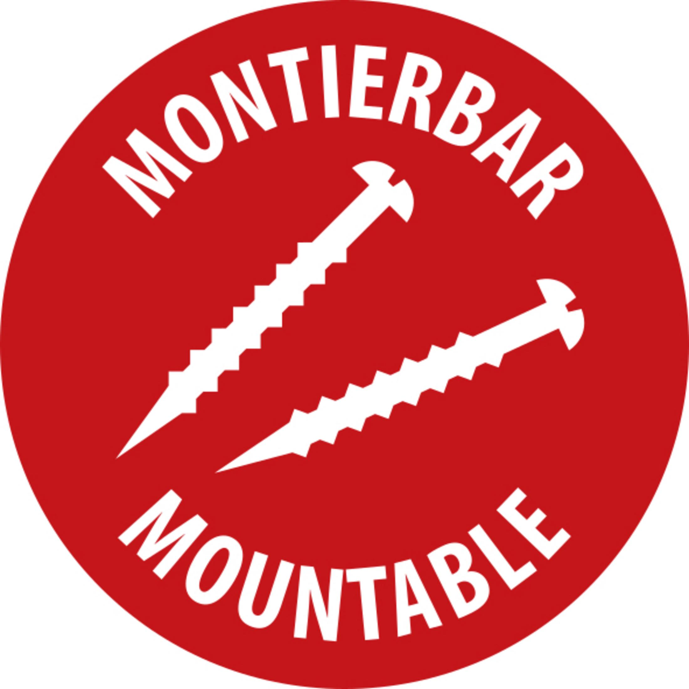 Roter Kreis mit zwei weißen Schrauben und Text MONTIERBAR MOUNTABLE.