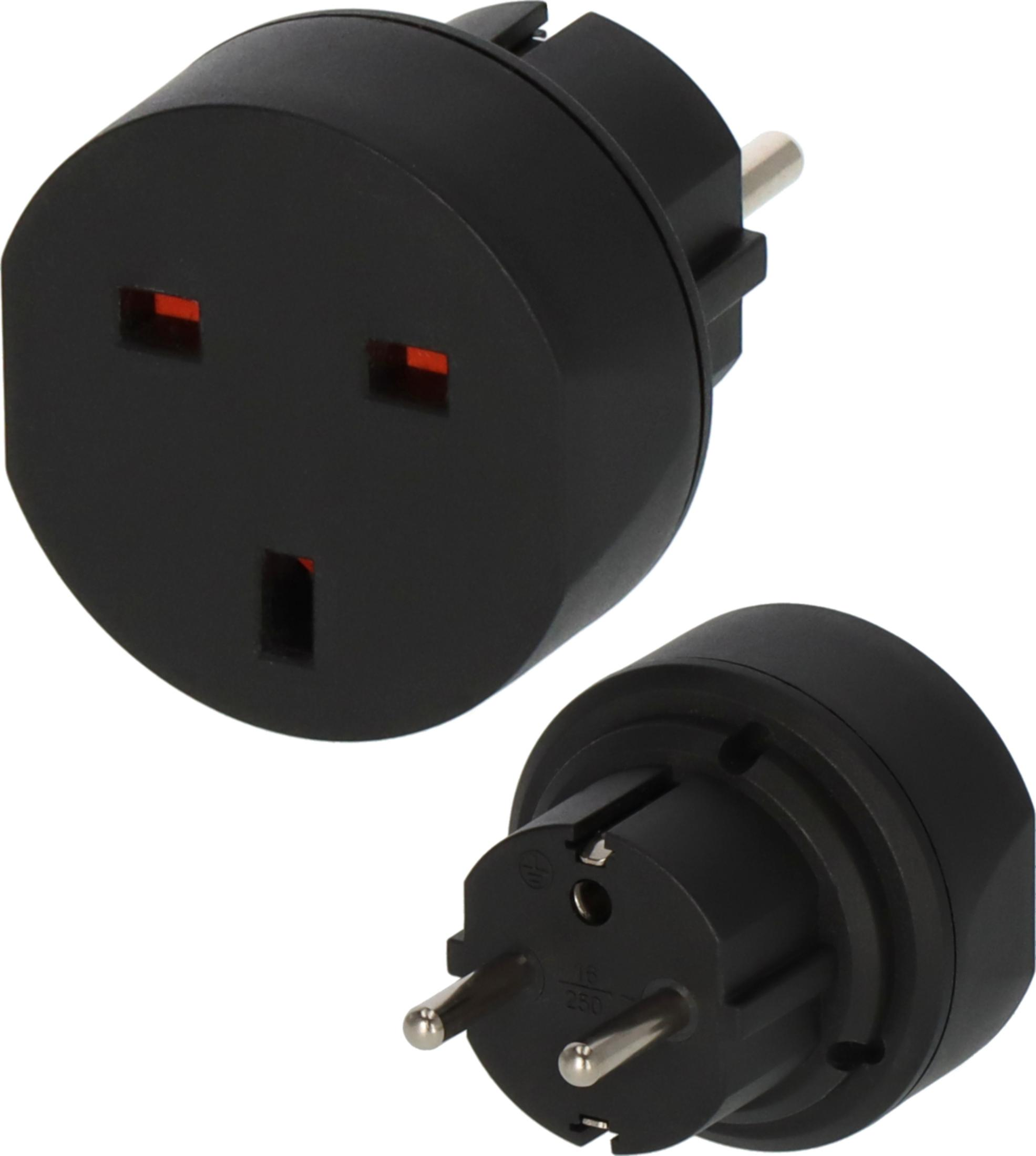 Twee zwarte reisadapters, één met Britse stekker, de andere met Europese stekker.