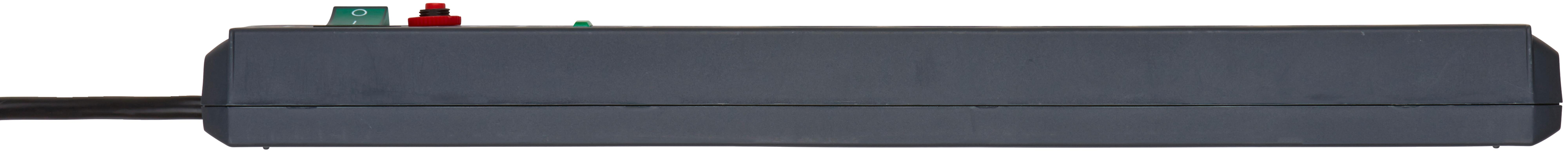 Black power cord attached to a grey power strip with green and red switches.