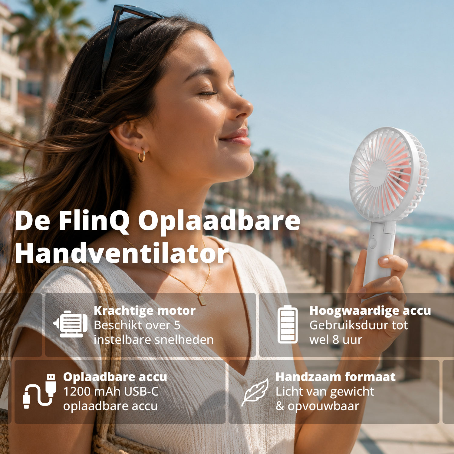 Frau hält einen FlinQ Handventilator, mit Text über Motor, Akku und Design.