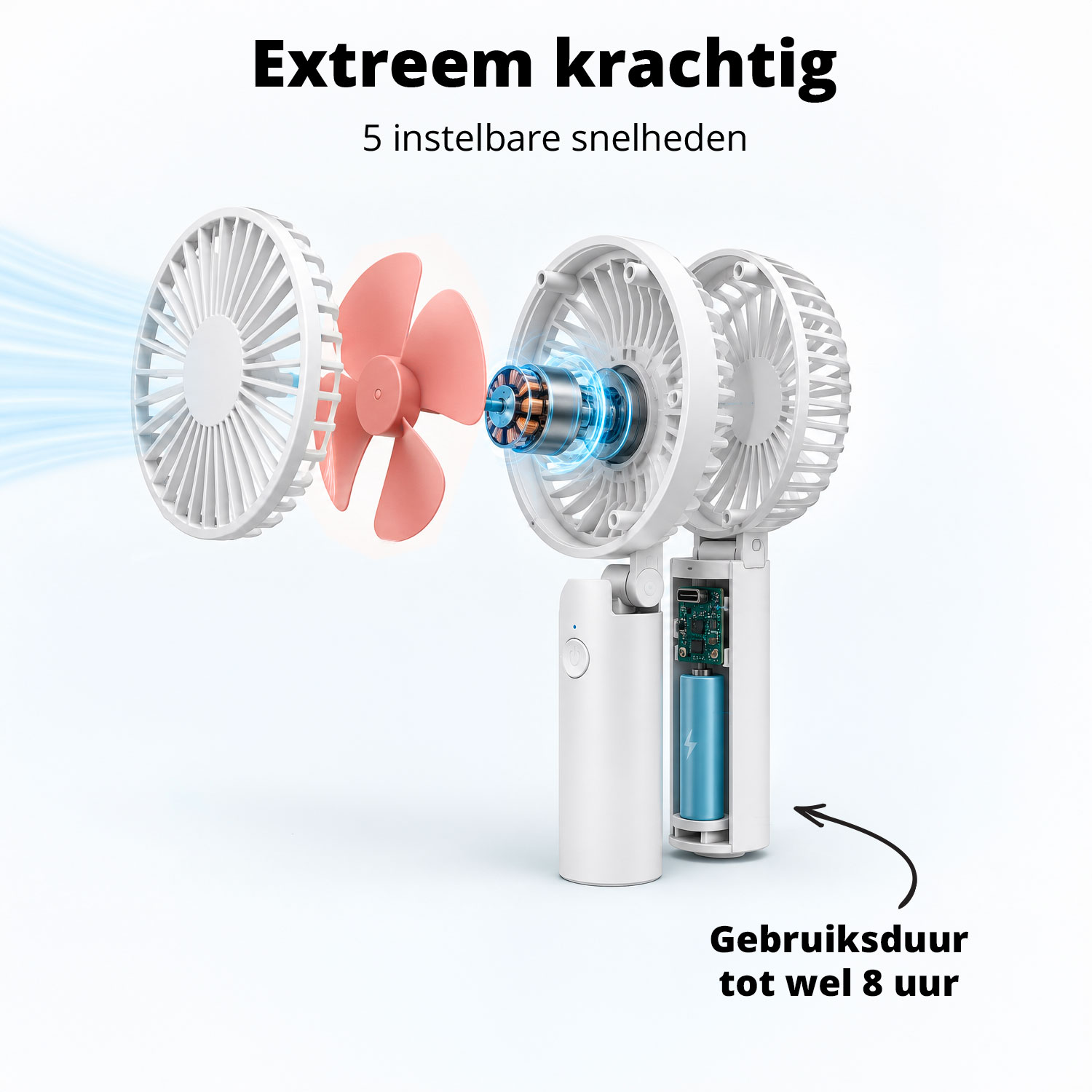 Ein weißer Handventilator mit zerlegtem Rotor und Batterieanzeige.
