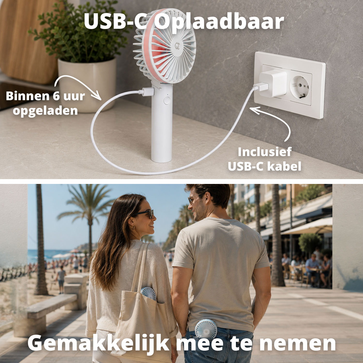 Ein tragbarer USB-C Ventilator wird aufgeladen. Ein Paar geht am Strand spazieren.