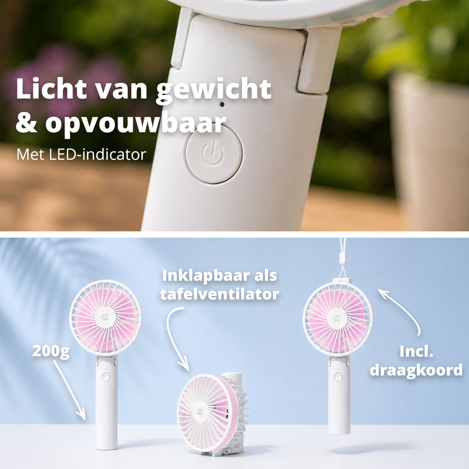 Leichter, faltbarer Ventilator mit LED-Anzeige und Trageband.