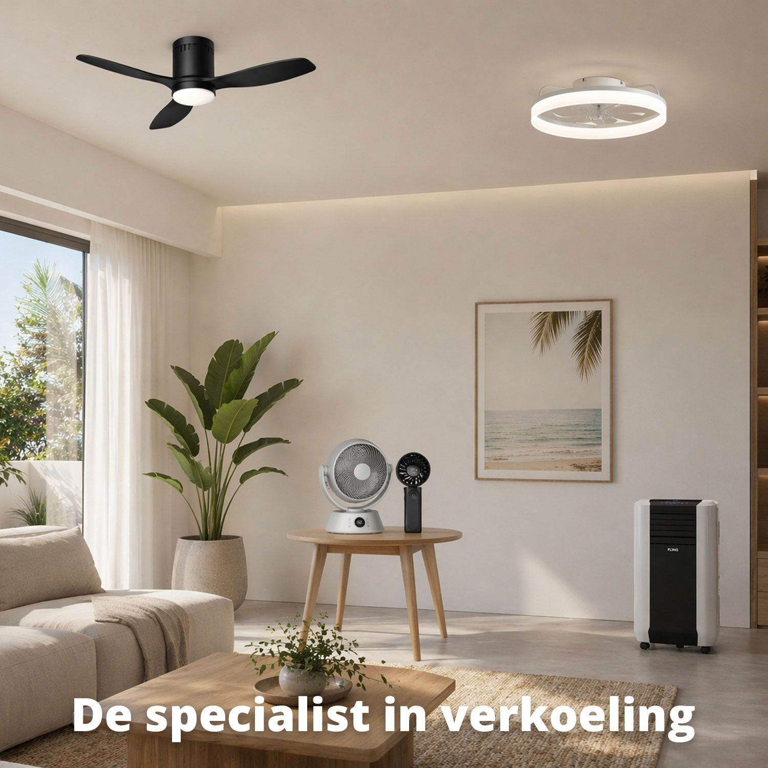 A living room featuring ceiling fans, table fans, an air cooler, and a sofa.