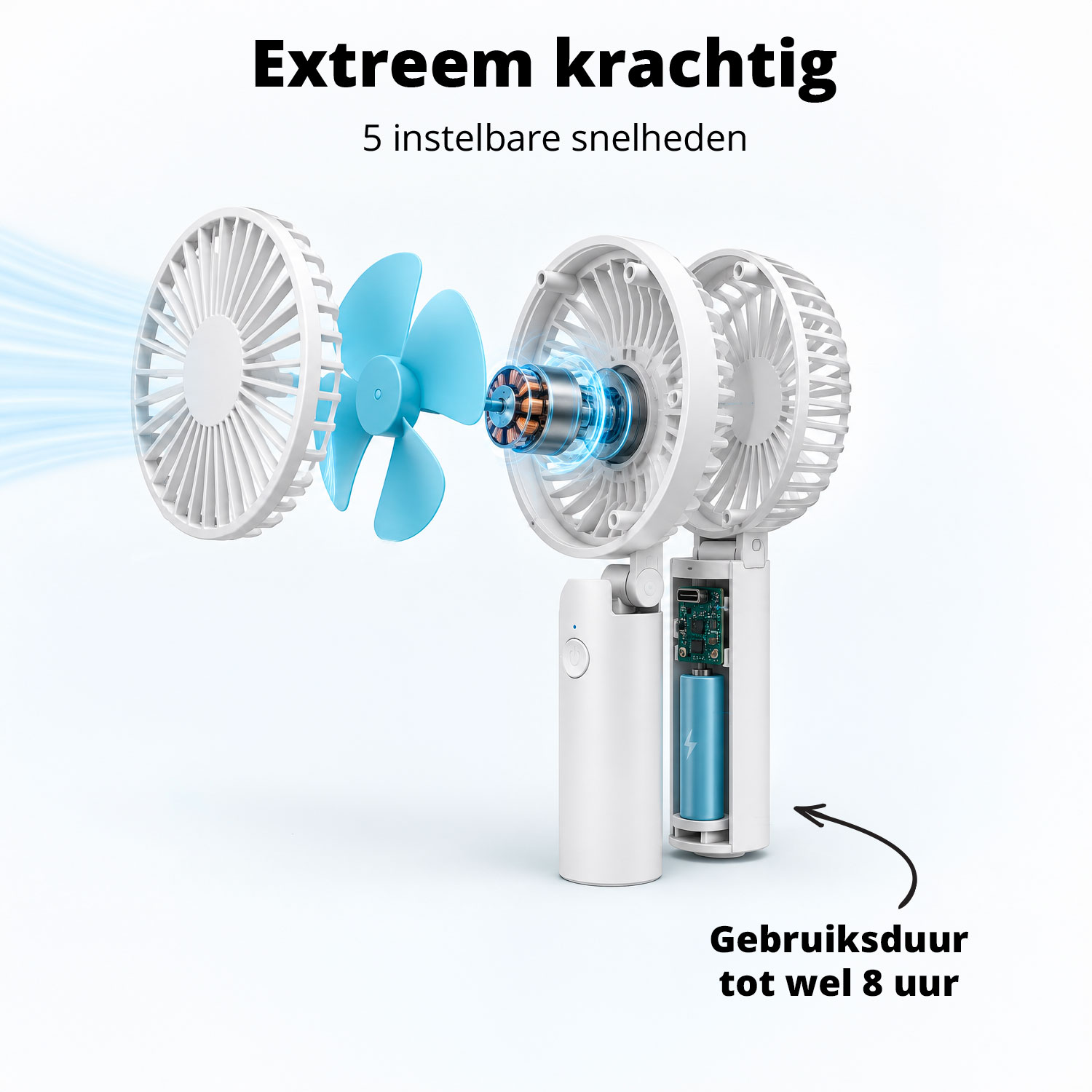 A portable fan with blue blades and an exposed internal battery and motor.