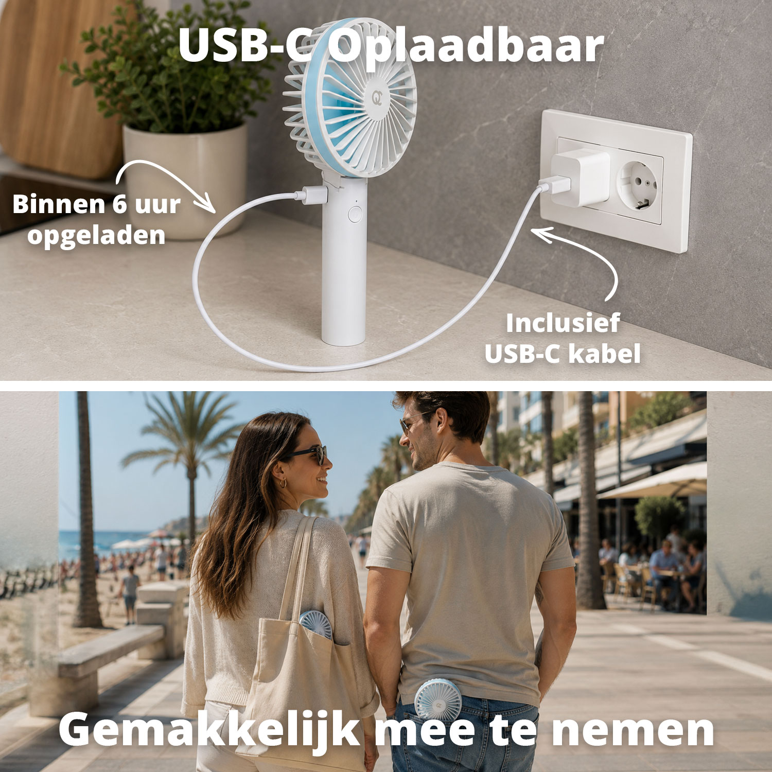 Compact USB-C fan charging and being carried. A man and woman walk on a beach promenade.