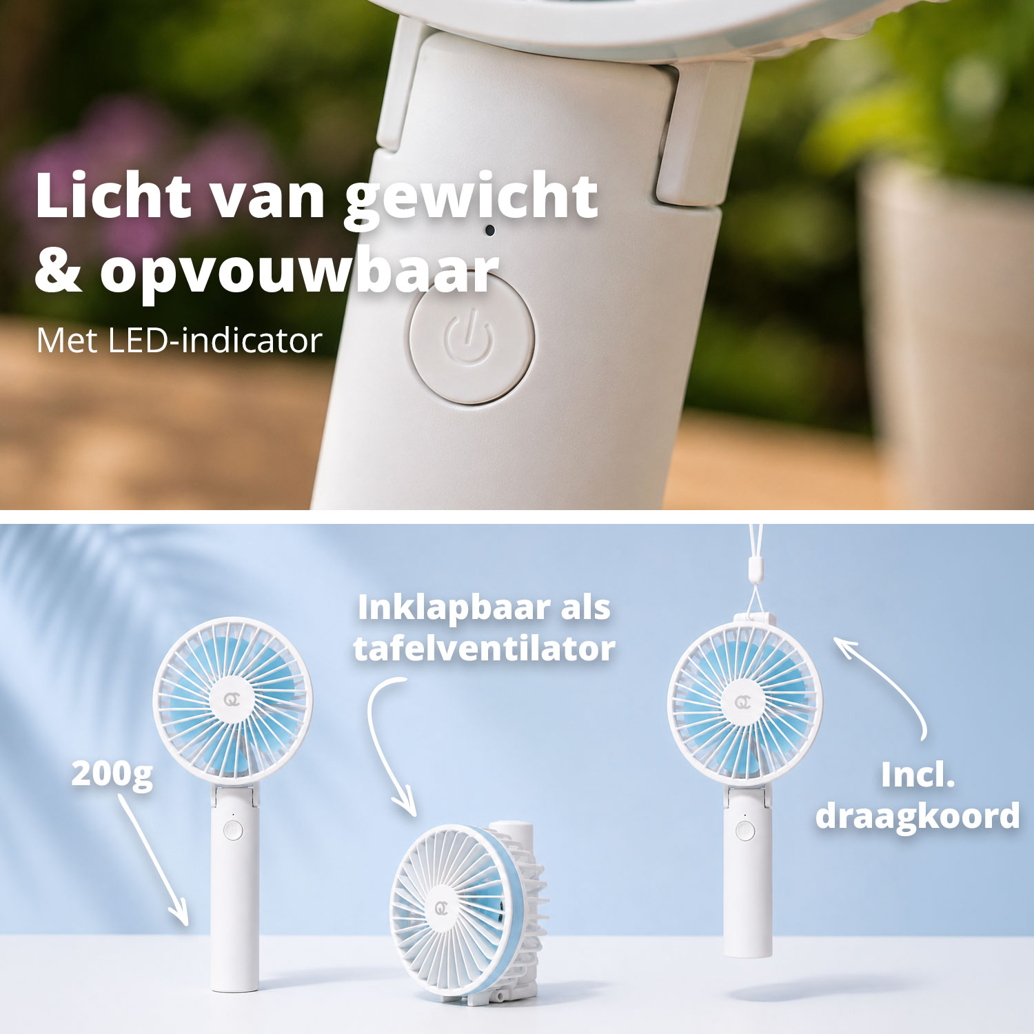Lightweight, foldable fan with LED indicator, 200g, includes lanyard.