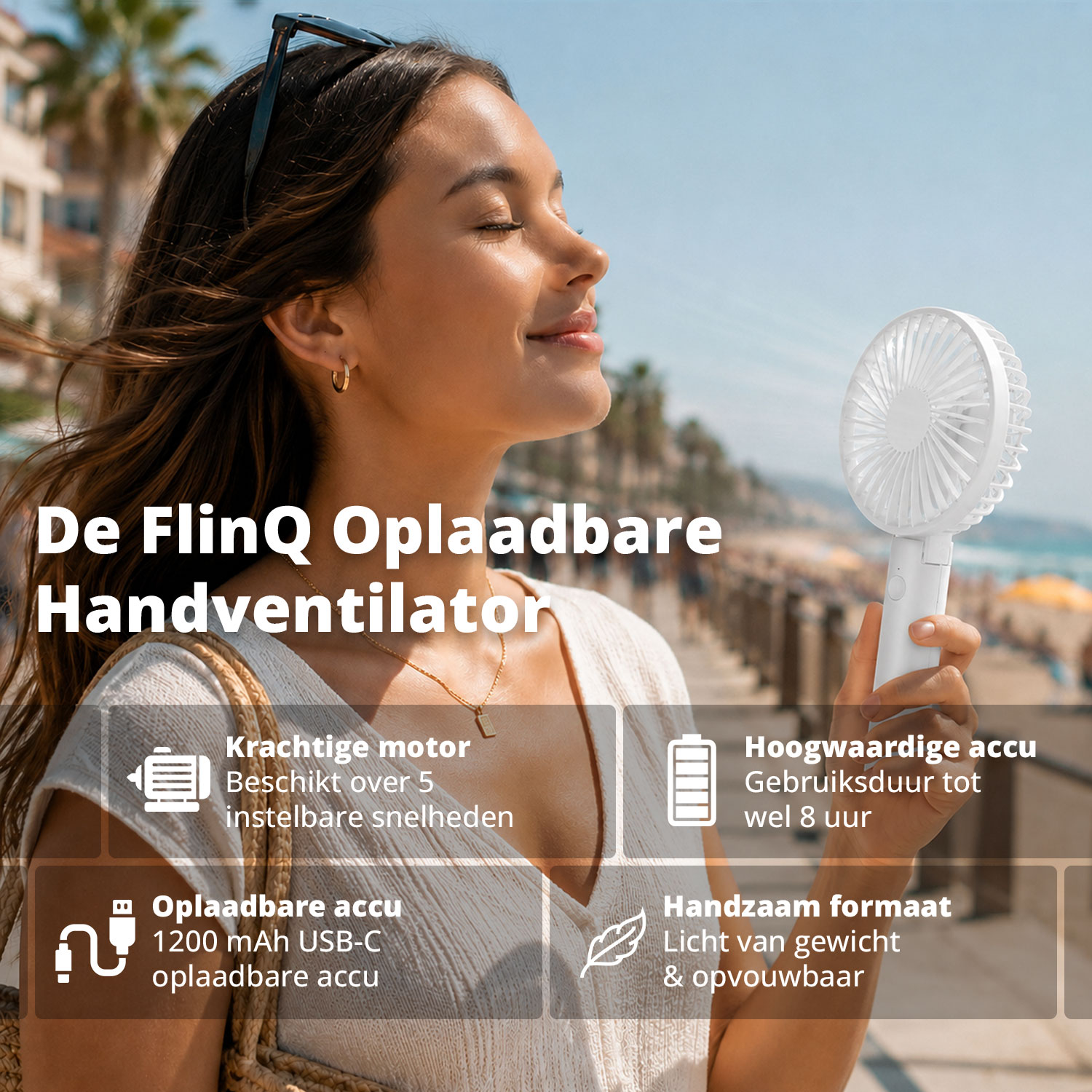 Woman holds small white fan at beach. Text details features.