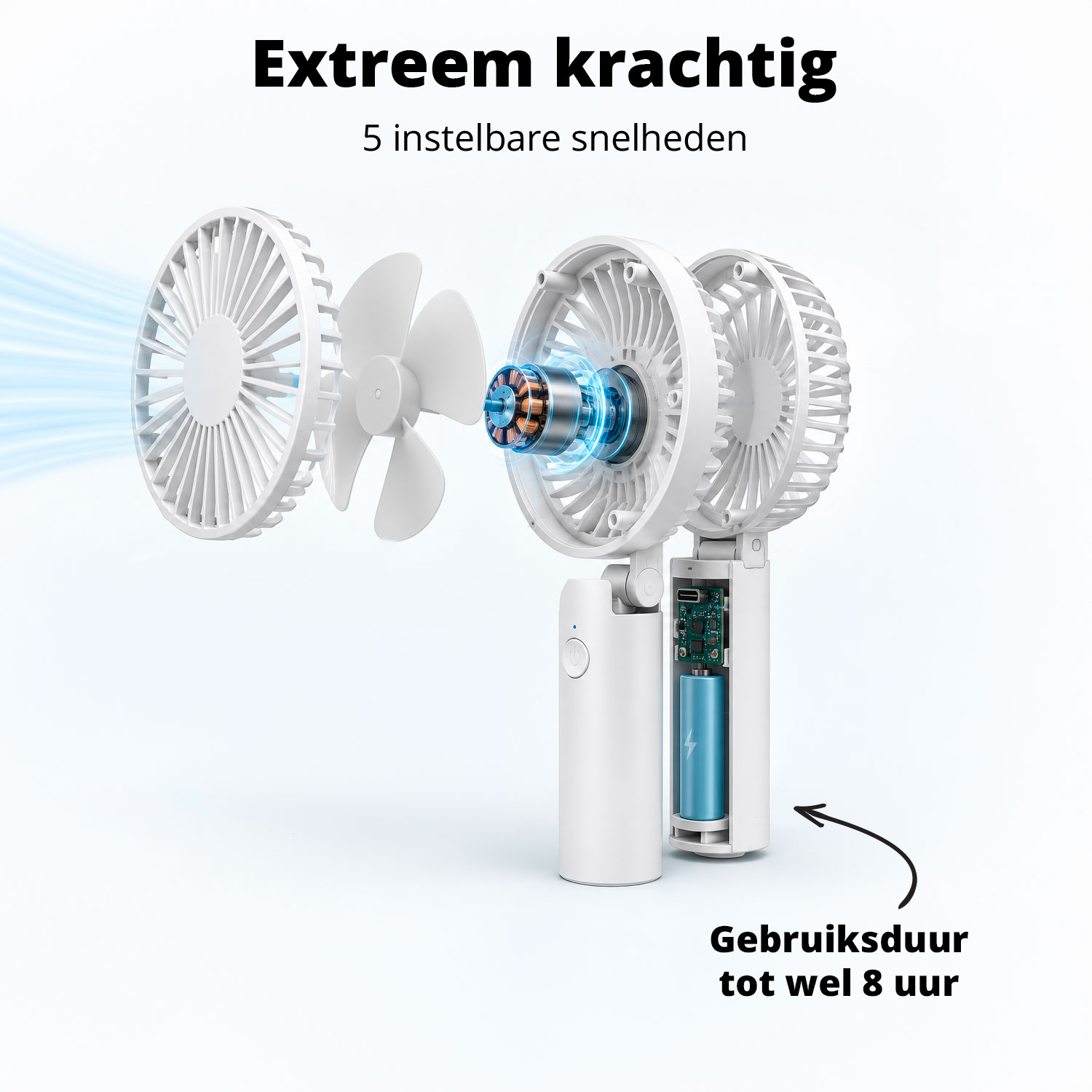 A white portable fan with its casing open, revealing the motor and battery.