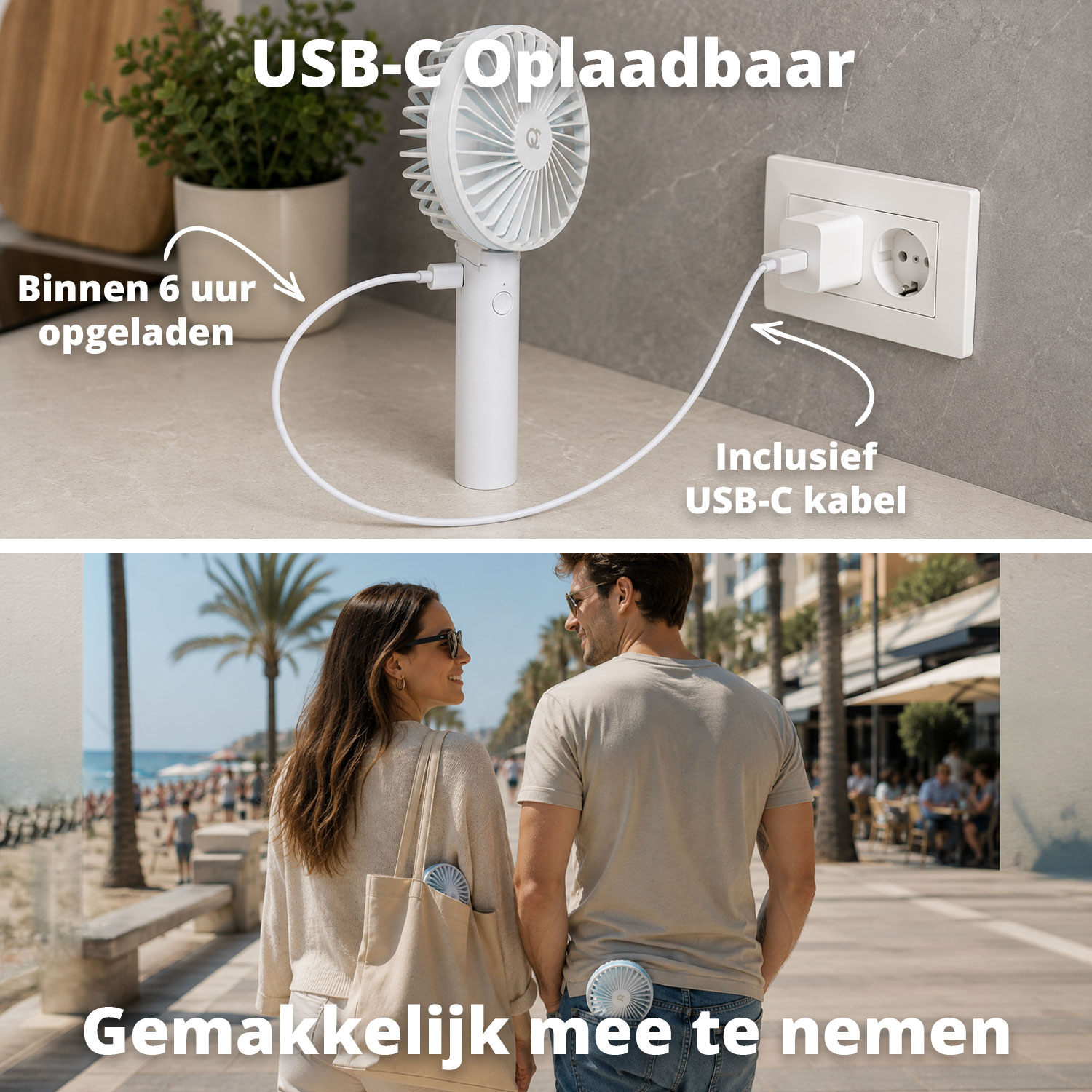 A white USB-C fan is charging. Below, a couple on a beach.