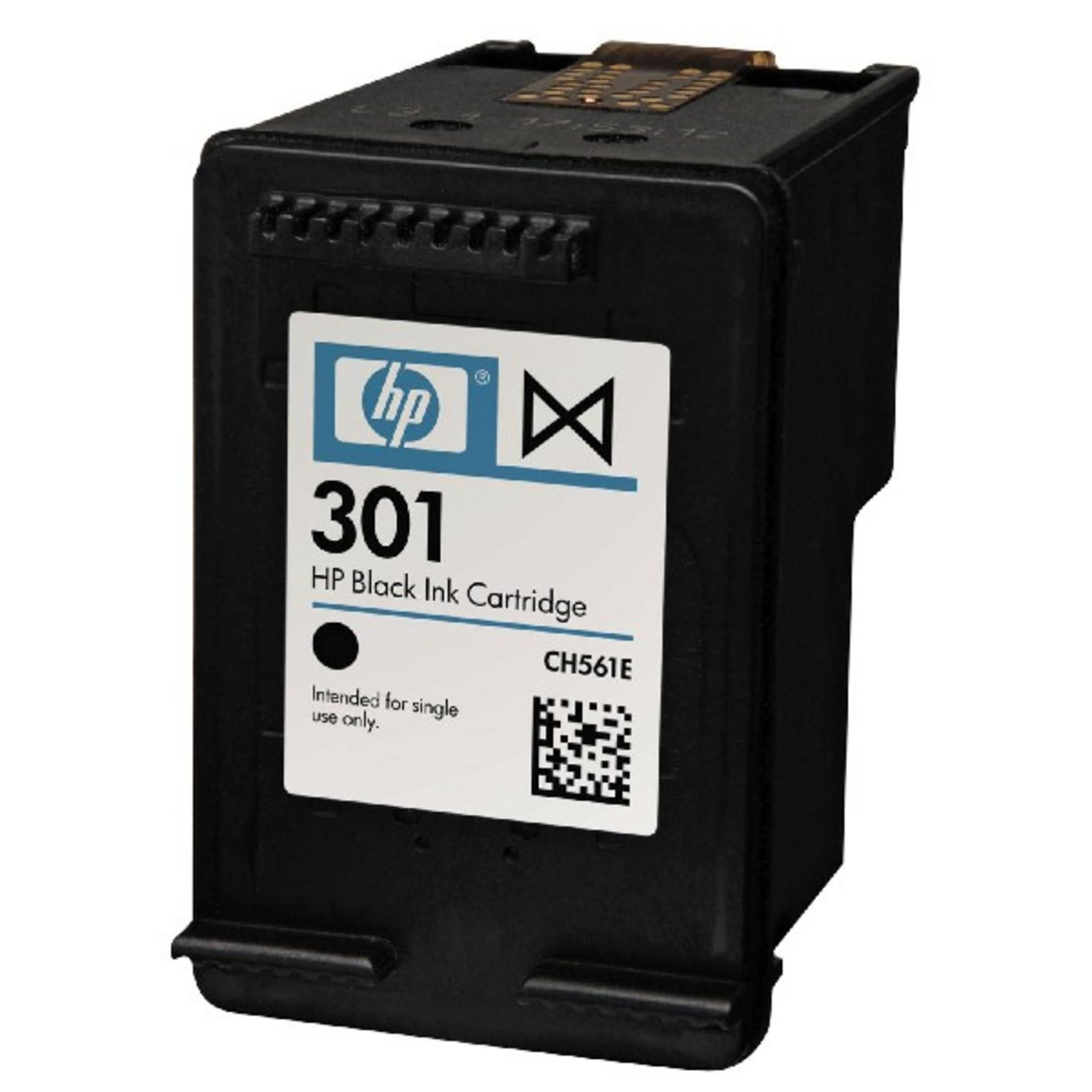 HP 301 Black Ink Cartridge with label and QR code.