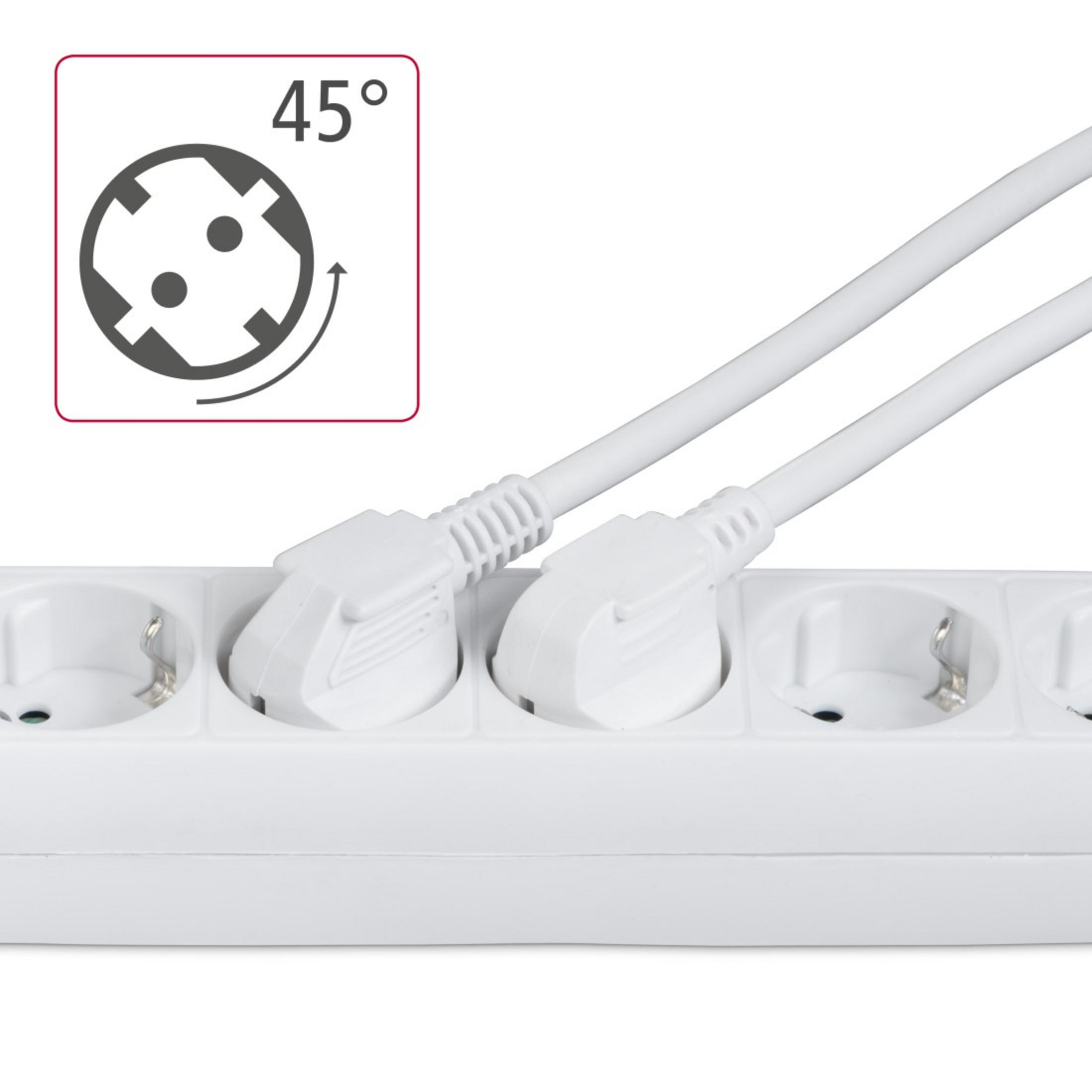 Multipresa bianca con due spine inserite e un simbolo di 45 gradi.