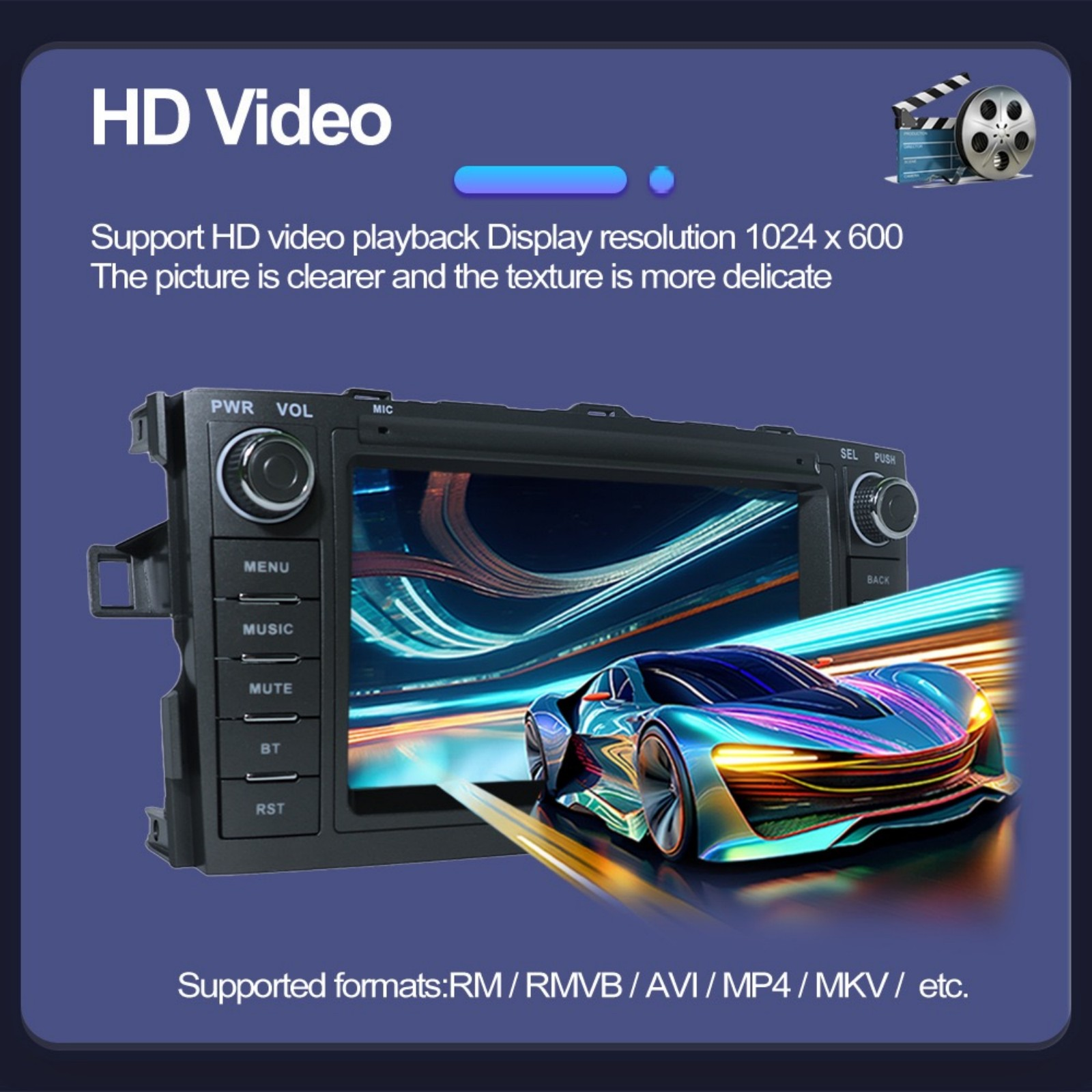 Autoradio con video HD, che mostra un'auto futuristica. Supporta RM/RMVB/AVI/MP4/MKV.