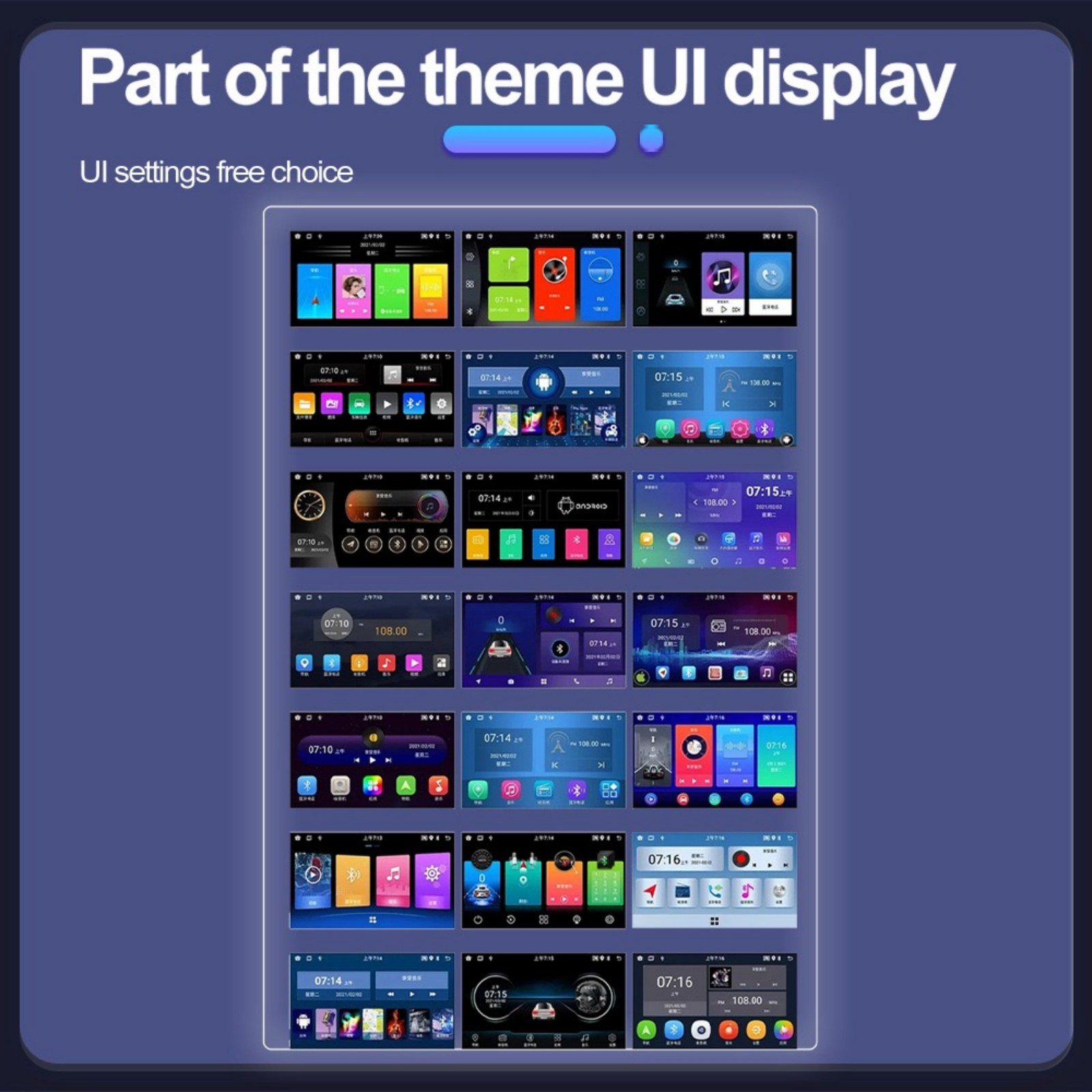Molti design UI diversi per autoradio, alcuni con schermate musicali e di navigazione.