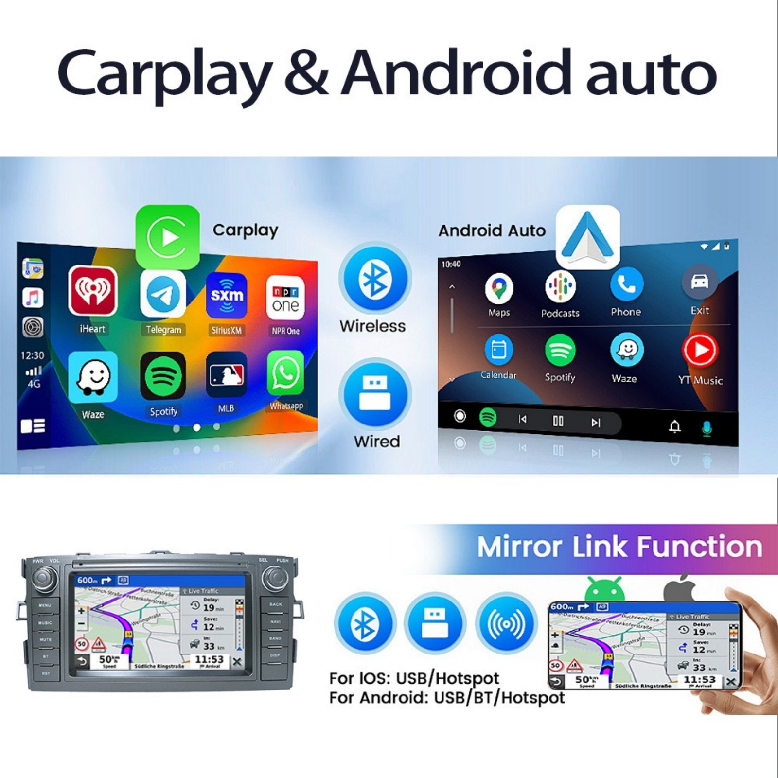 Lo schermo mostra CarPlay e Android Auto con icone di app, sotto una autoradio con display di navigazione.