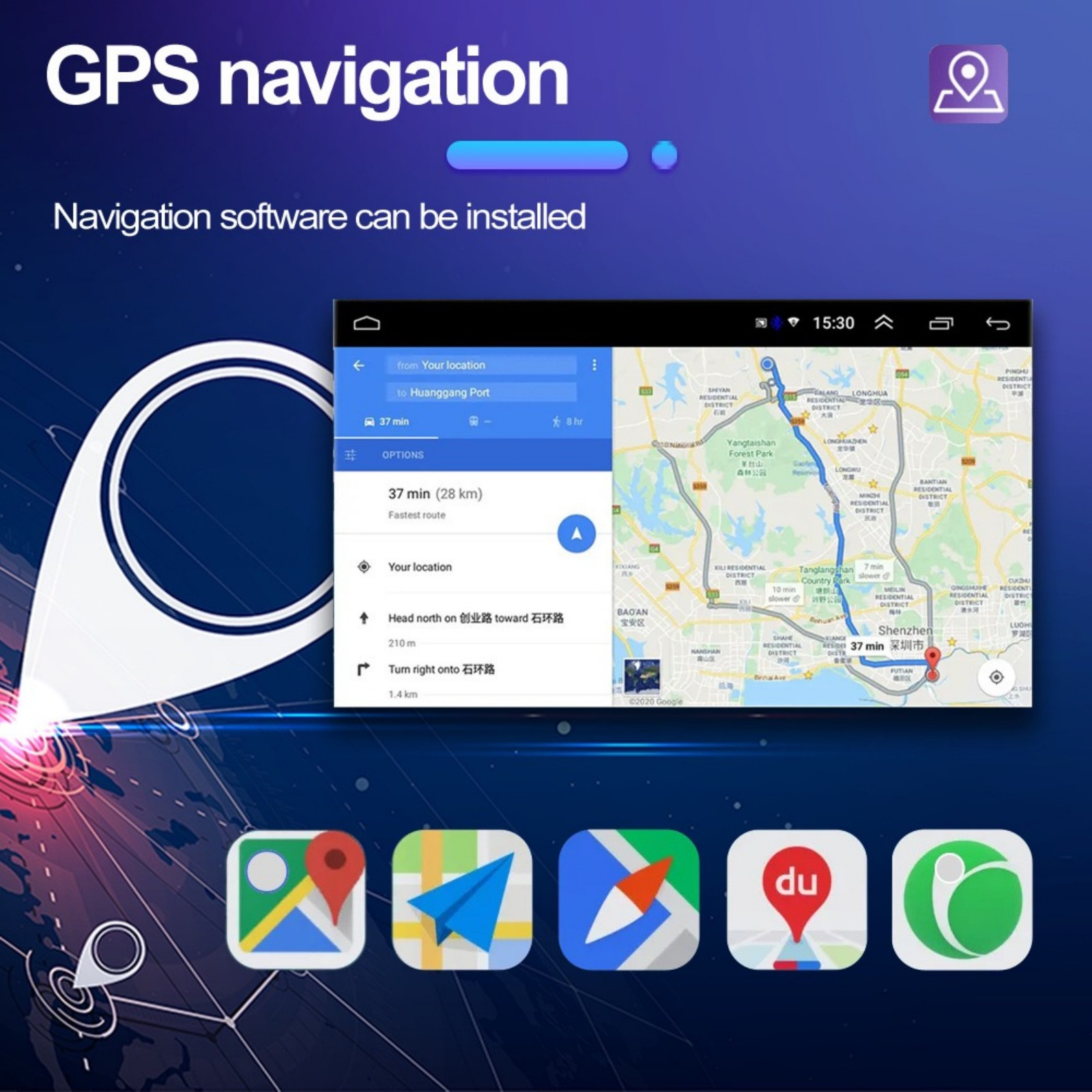 Schermo di navigazione GPS che mostra mappa, percorso e icone app.