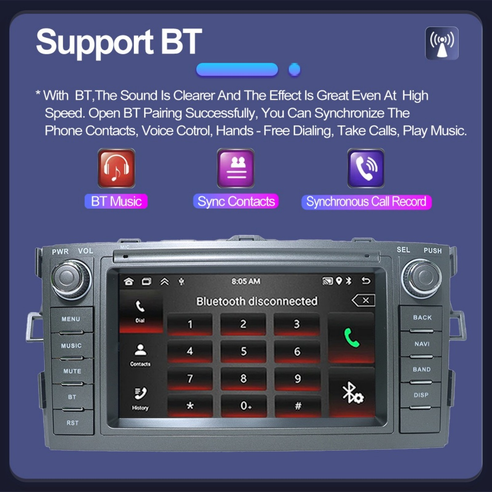 Schermo autoradio mostra un tastierino e opzioni Bluetooth come musica, contatti e chiamate.