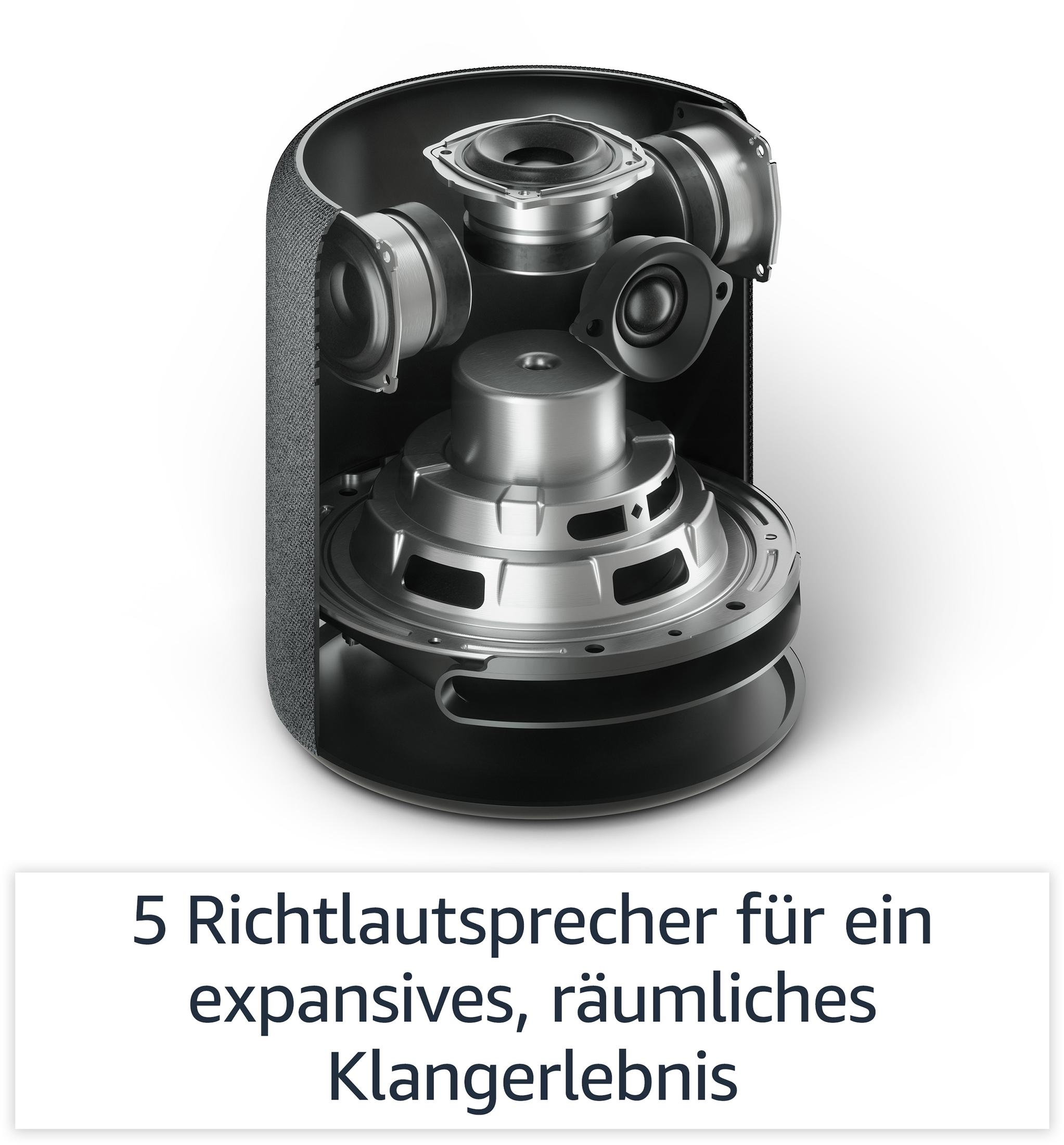 Ein zylindrischer Lautsprecher im Schnitt, mit sichtbaren Treibern und silbernen Komponenten.