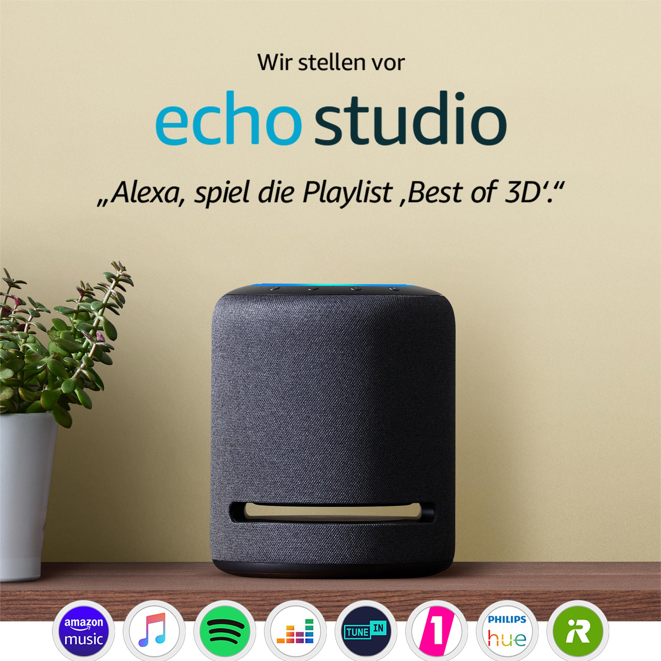 Echo Studio mit Alexa und Musik-Logos.