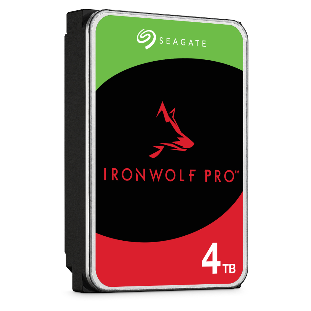 HDD Seagate IronWolf Pro 4TB con logo volpe rossa ed etichetta verde/rossa.