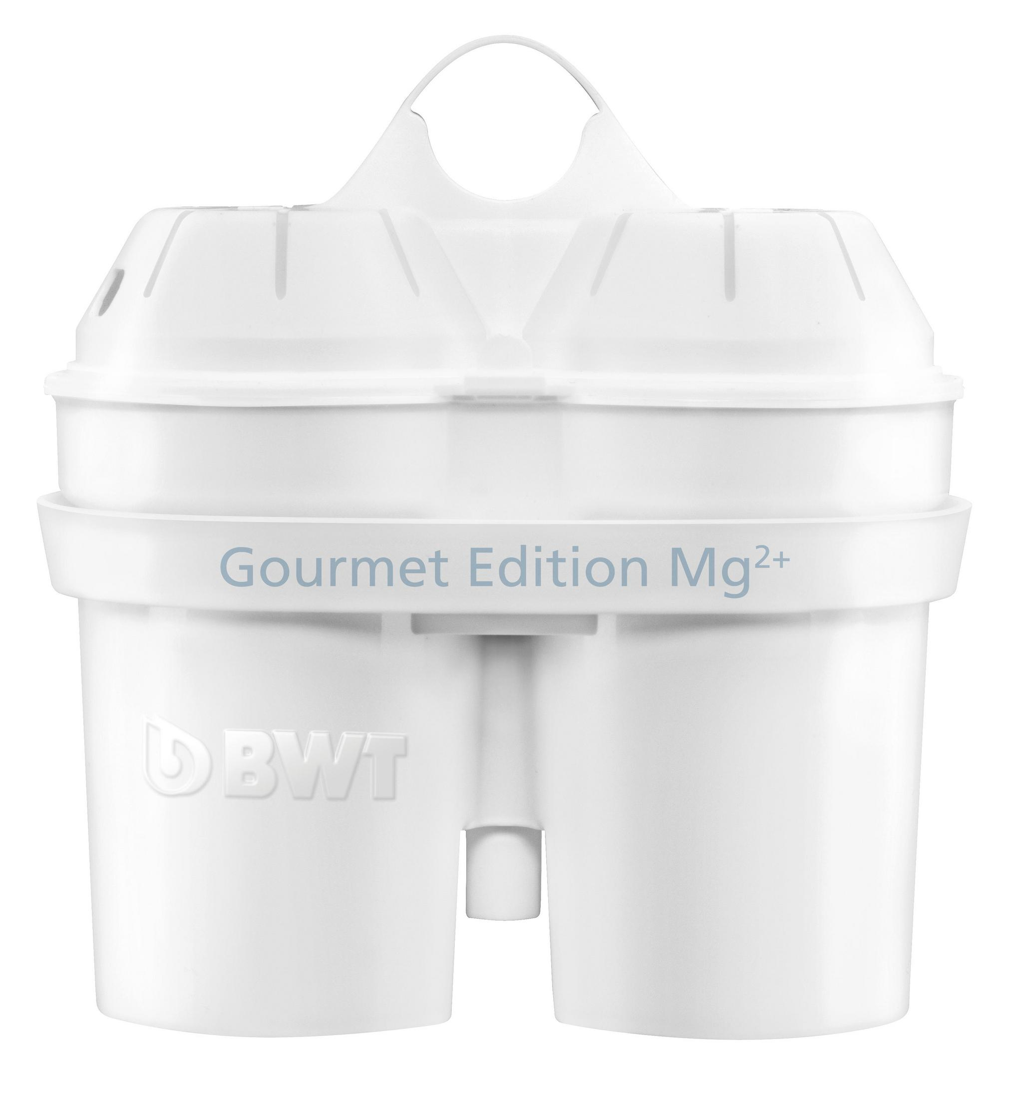 Un filtro acqua bianco con "Gourmet Edition Mg2+" e logo BWT.