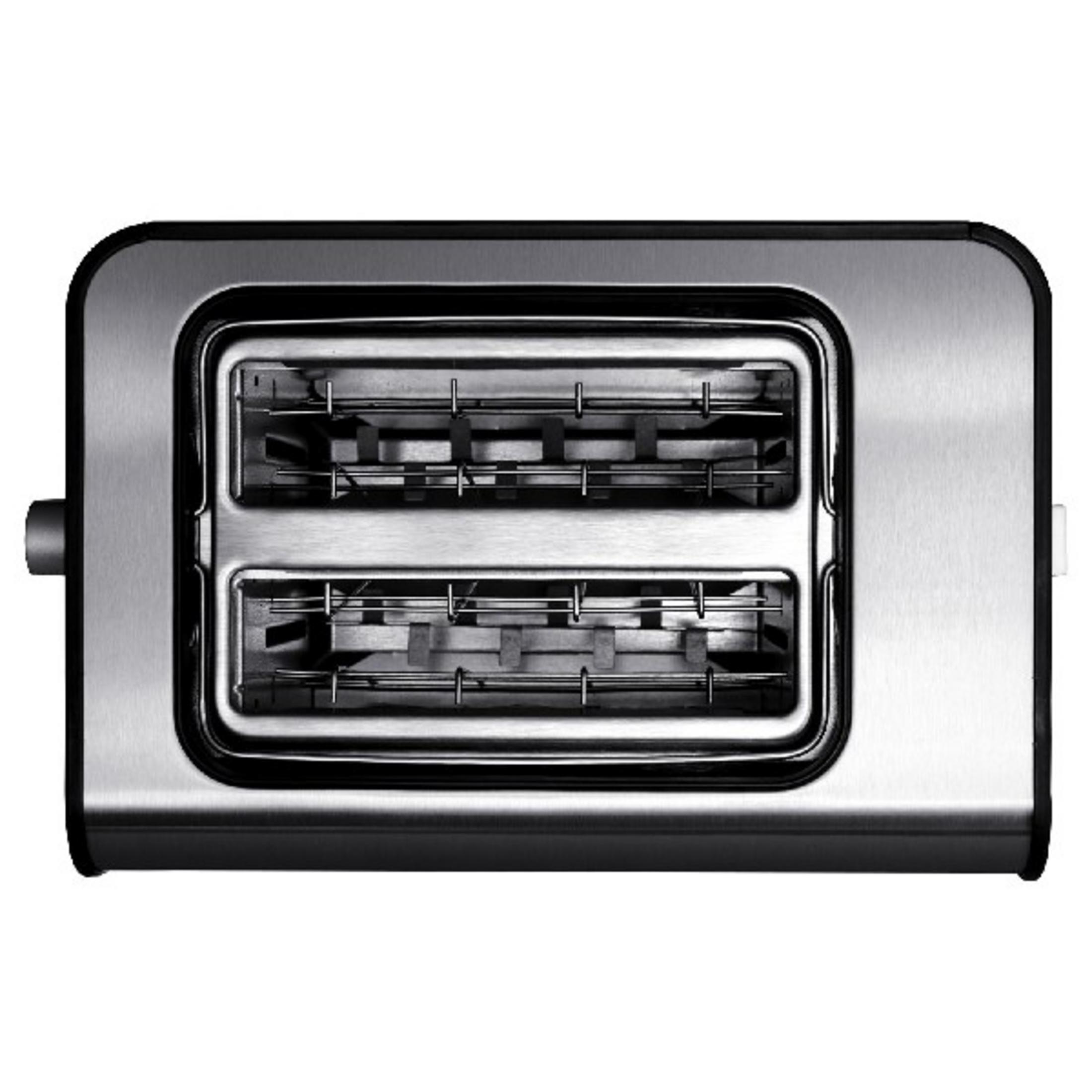 Ein silberner Toaster mit zwei Schlitzen aus gebürstetem Metall.
