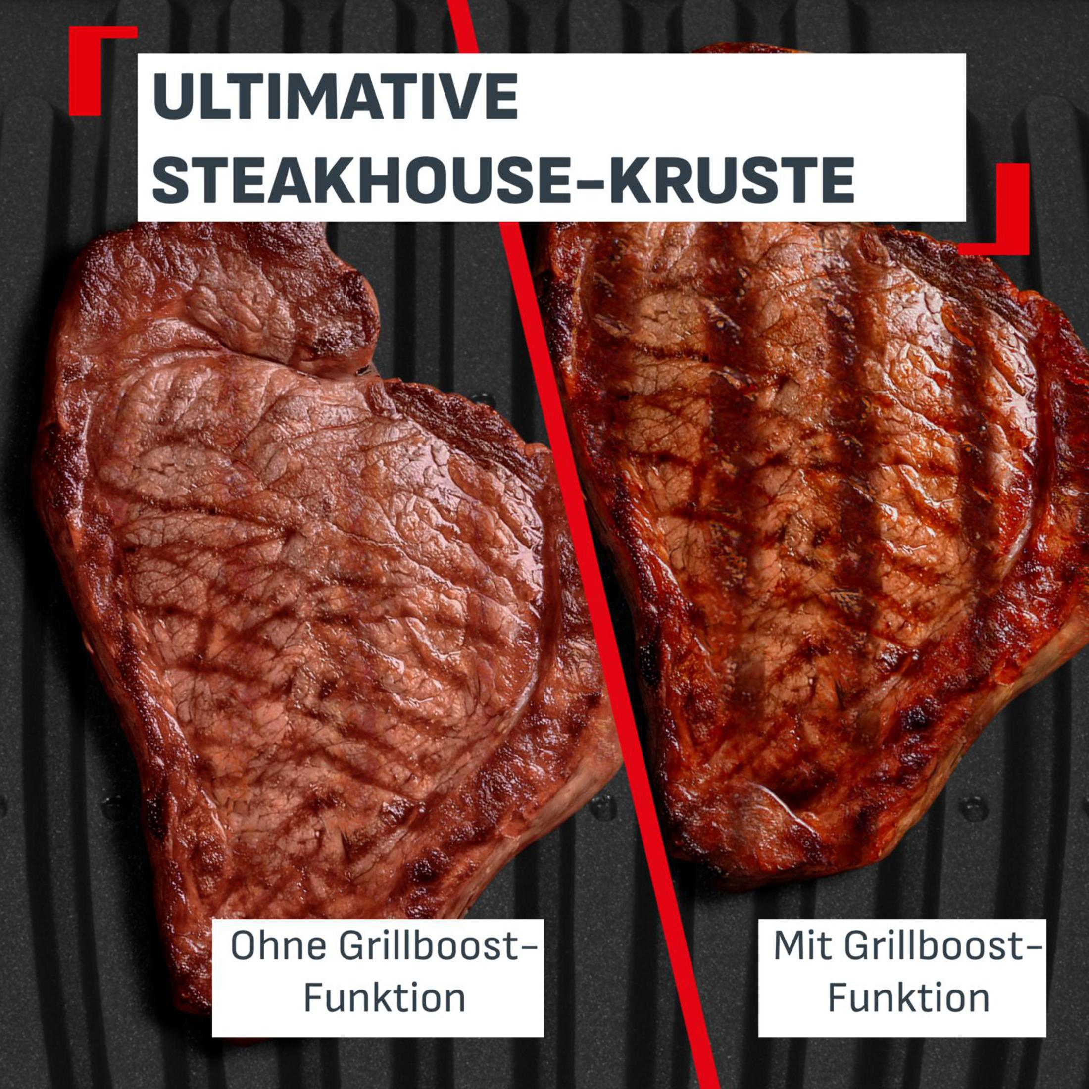 Deux steaks sur un grill : un sans, un avec fonction grill boost.