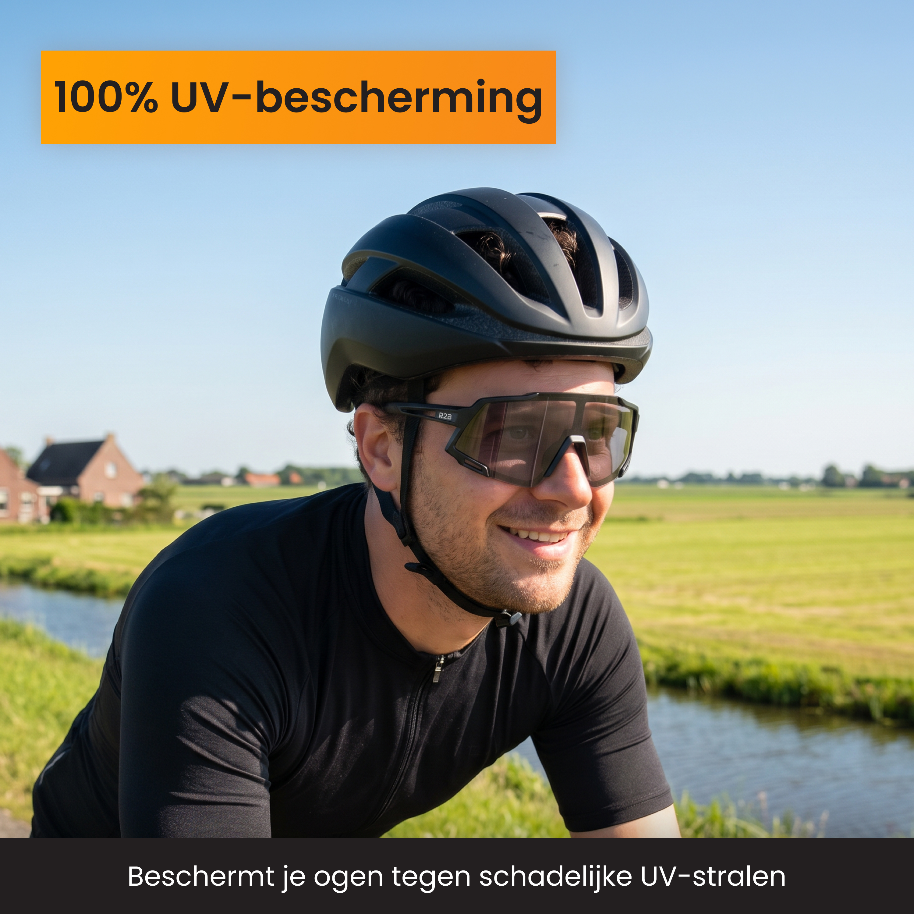 Ein Radfahrer mit Helm und Sonnenbrille fährt draußen. 100% UV-Schutz.