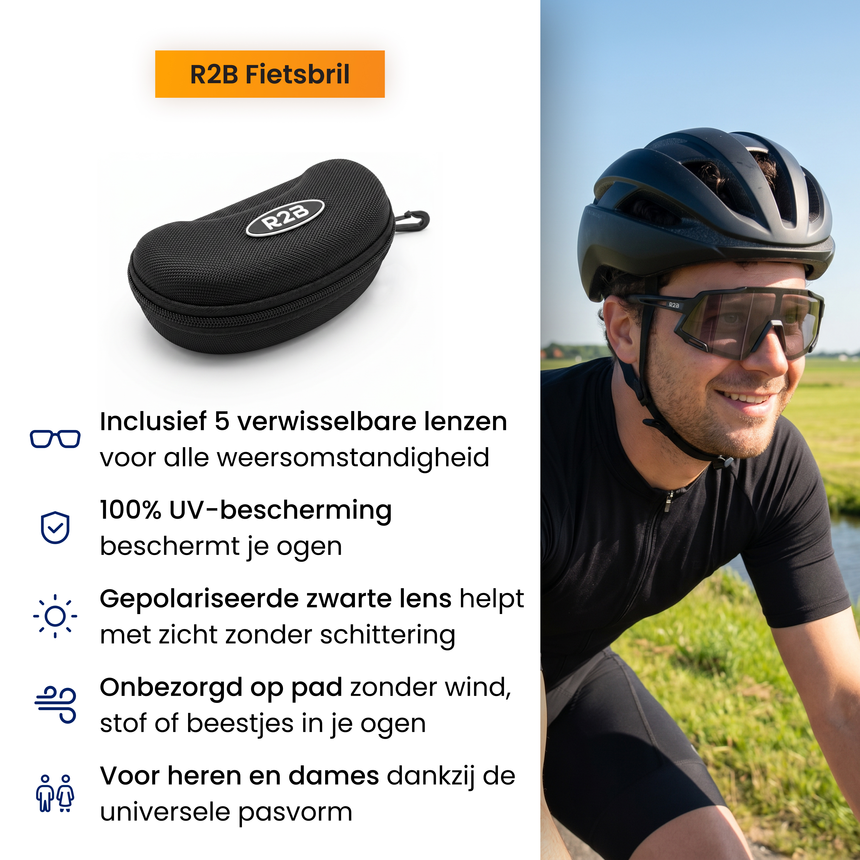 Radfahrer mit schwarzer Brille und Helm, lächelnd im Freien. Daneben eine Brillenbox.