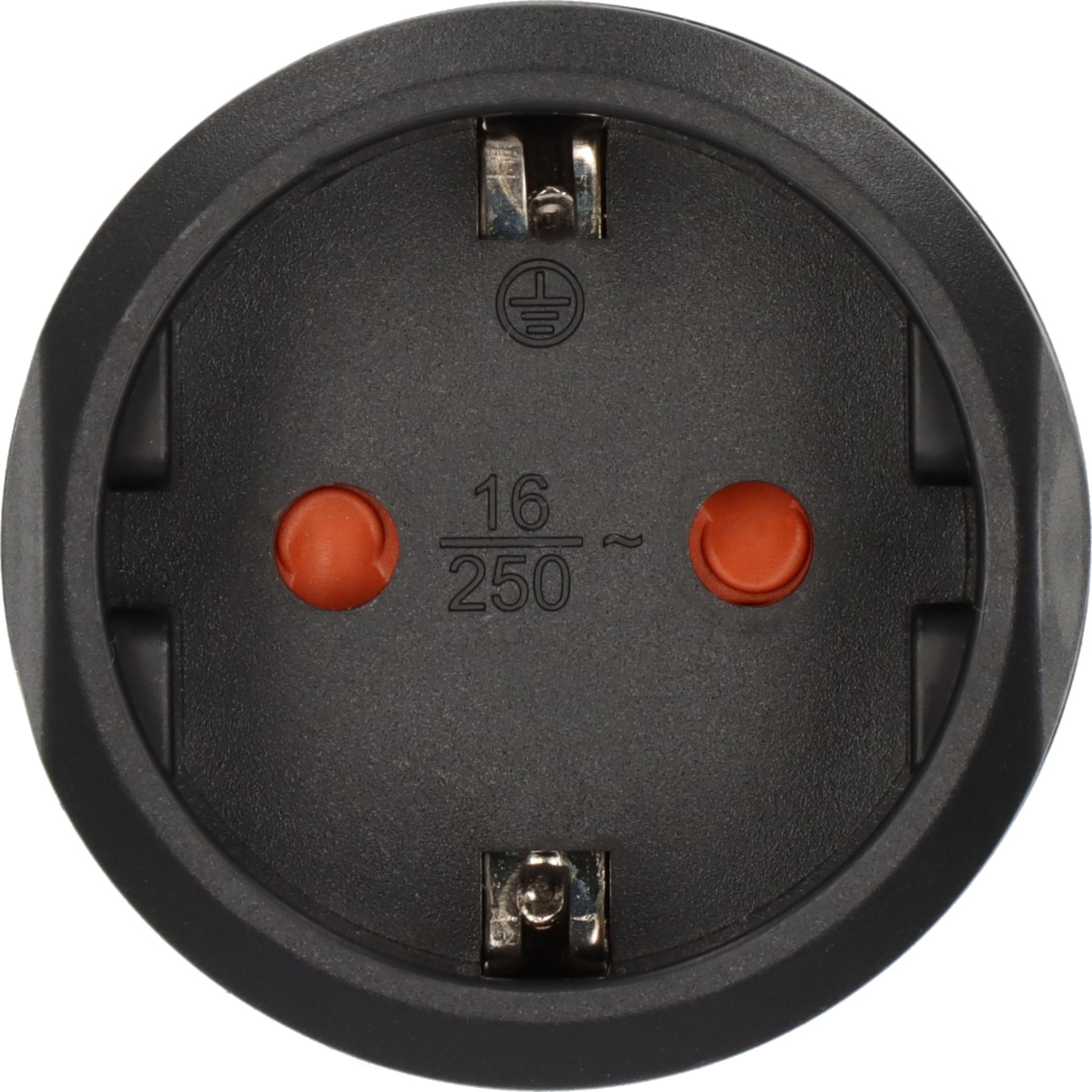 Toprak sembollü 2 turuncu kontaklı siyah priz. 16A 250V.