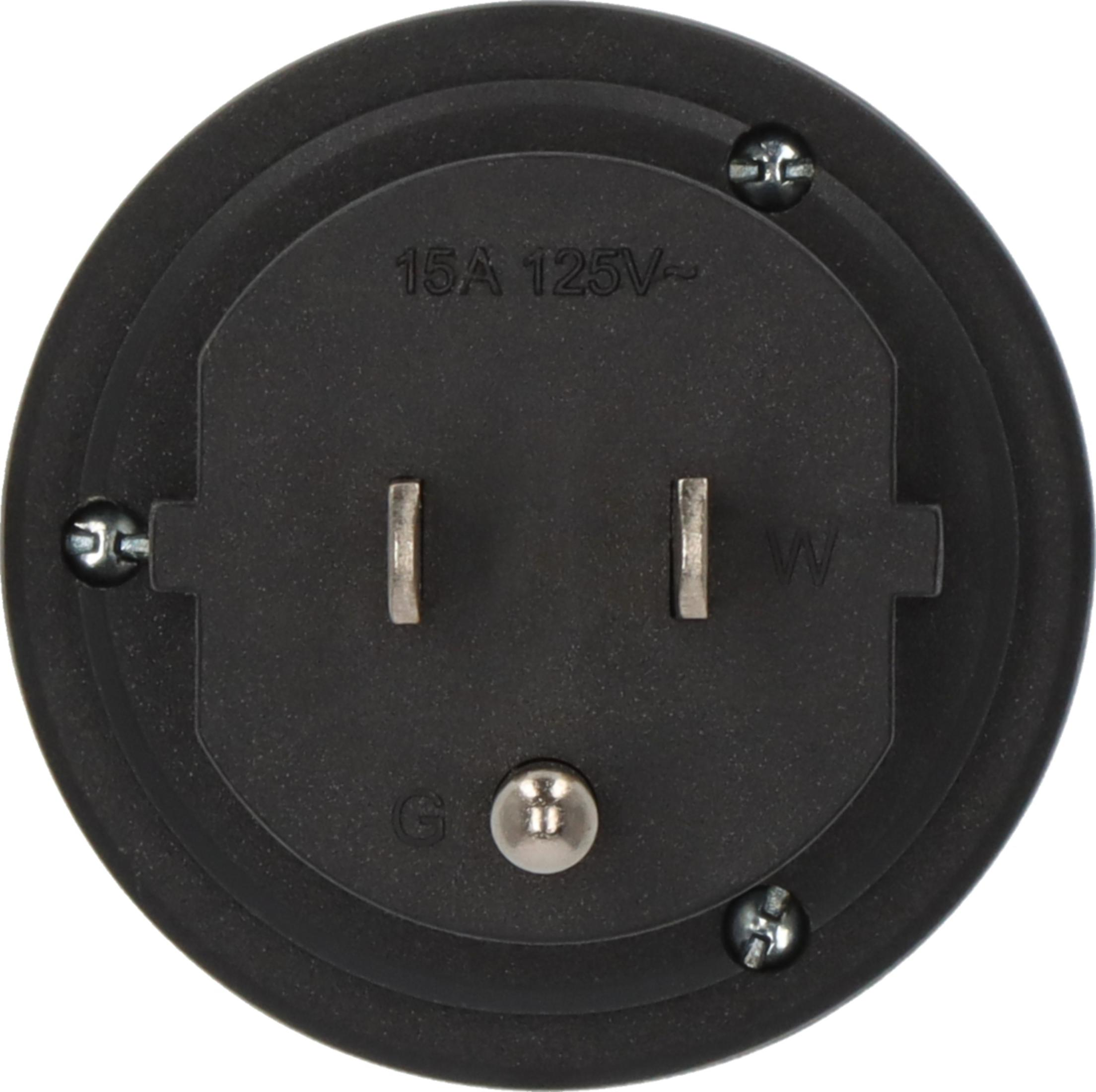 2 pinli siyah fiş, 15A 125V derecesi.