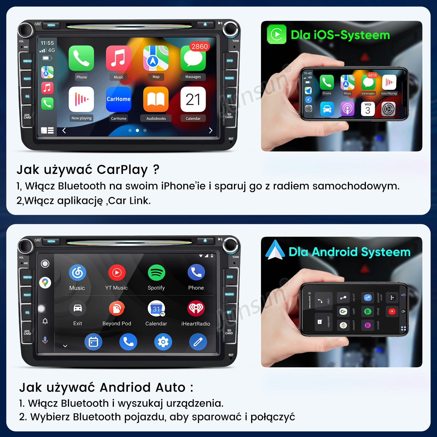 Dwie infografiki pokazują systemy infotainment samochodowe z aplikacjami: CarPlay dla iOS i Android Auto.