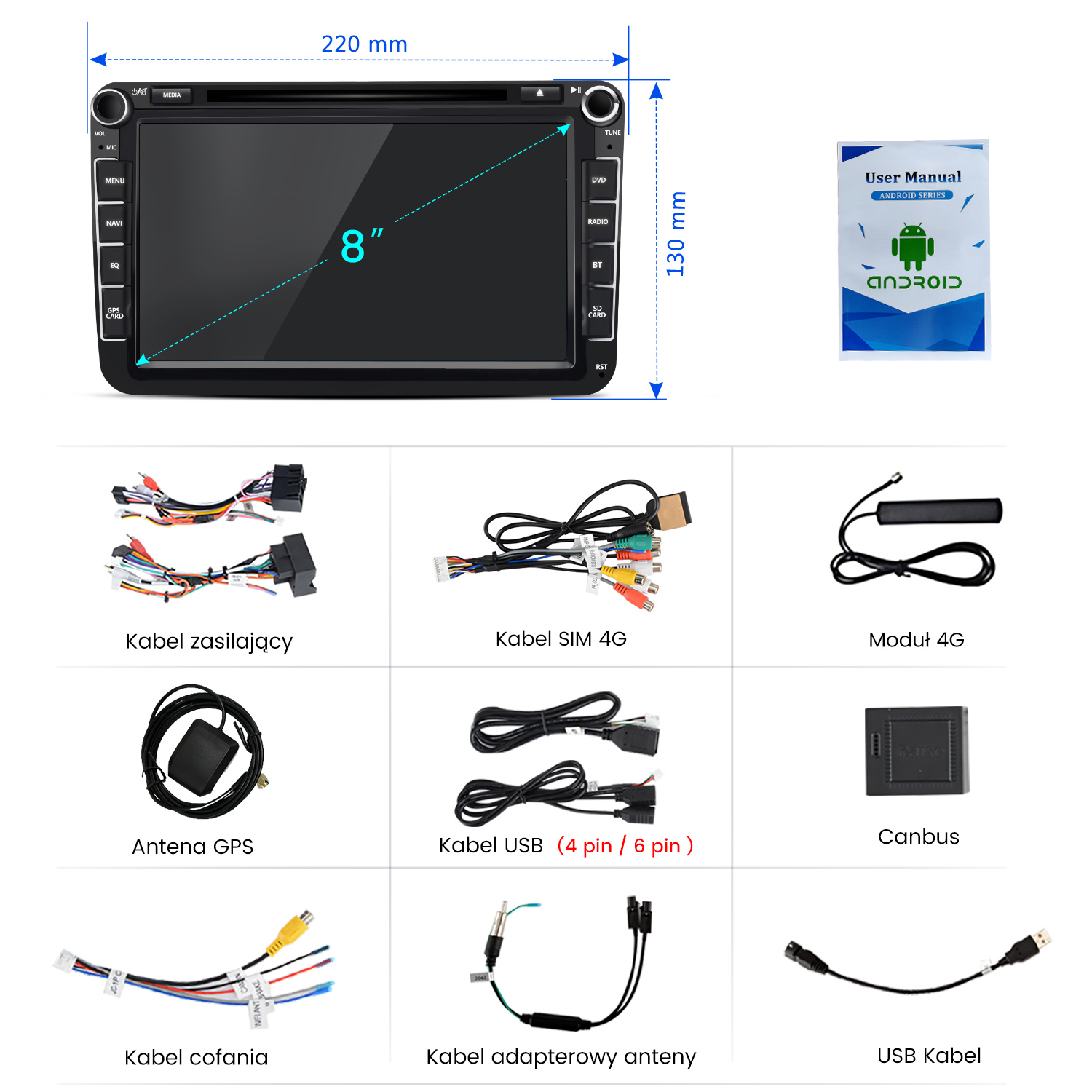 8-calowy radio samochodowe Android z akcesoriami: kable, antena, instrukcja.