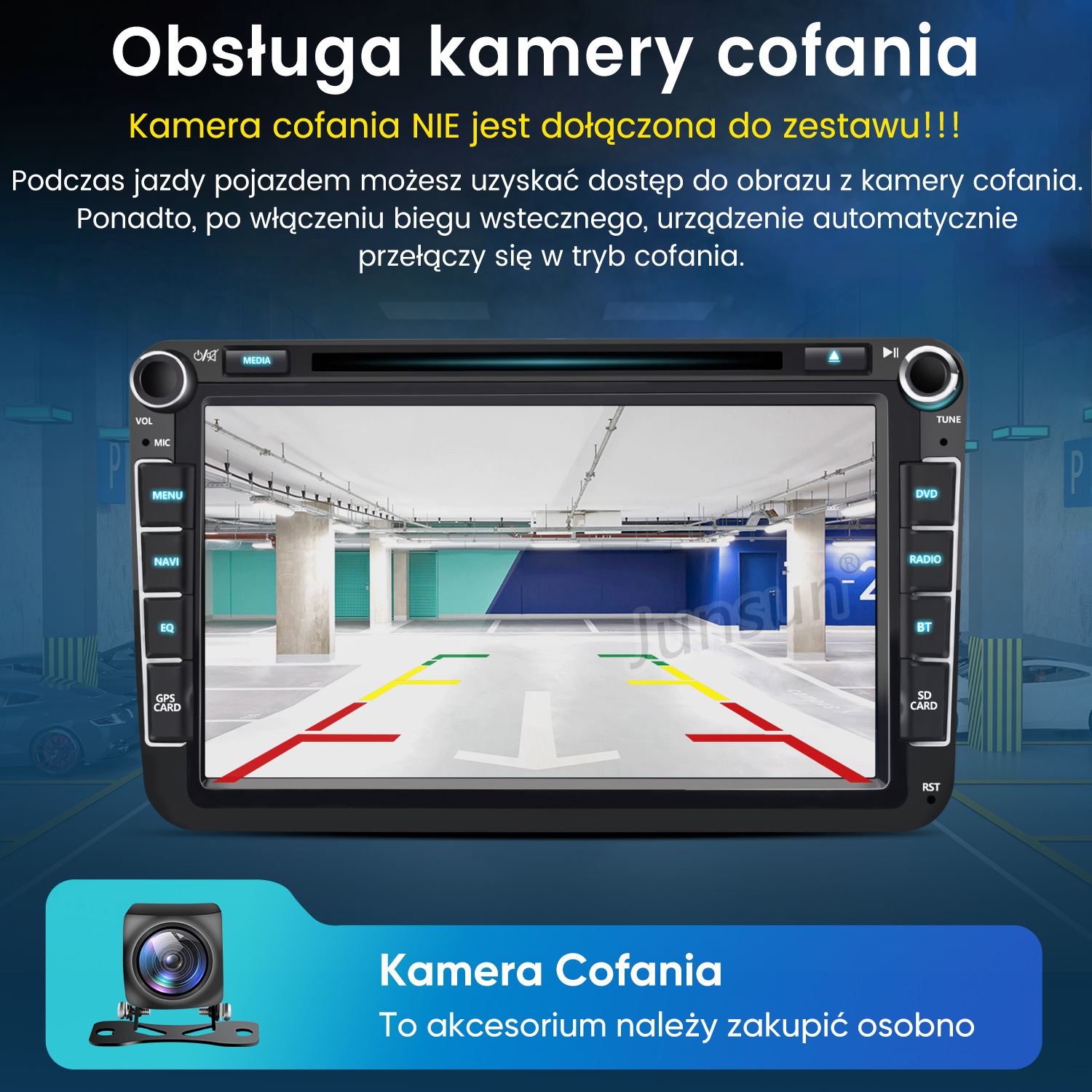 Radio samochodowe wyświetla widok z kamery cofania parkingu z liniami pomocniczymi.