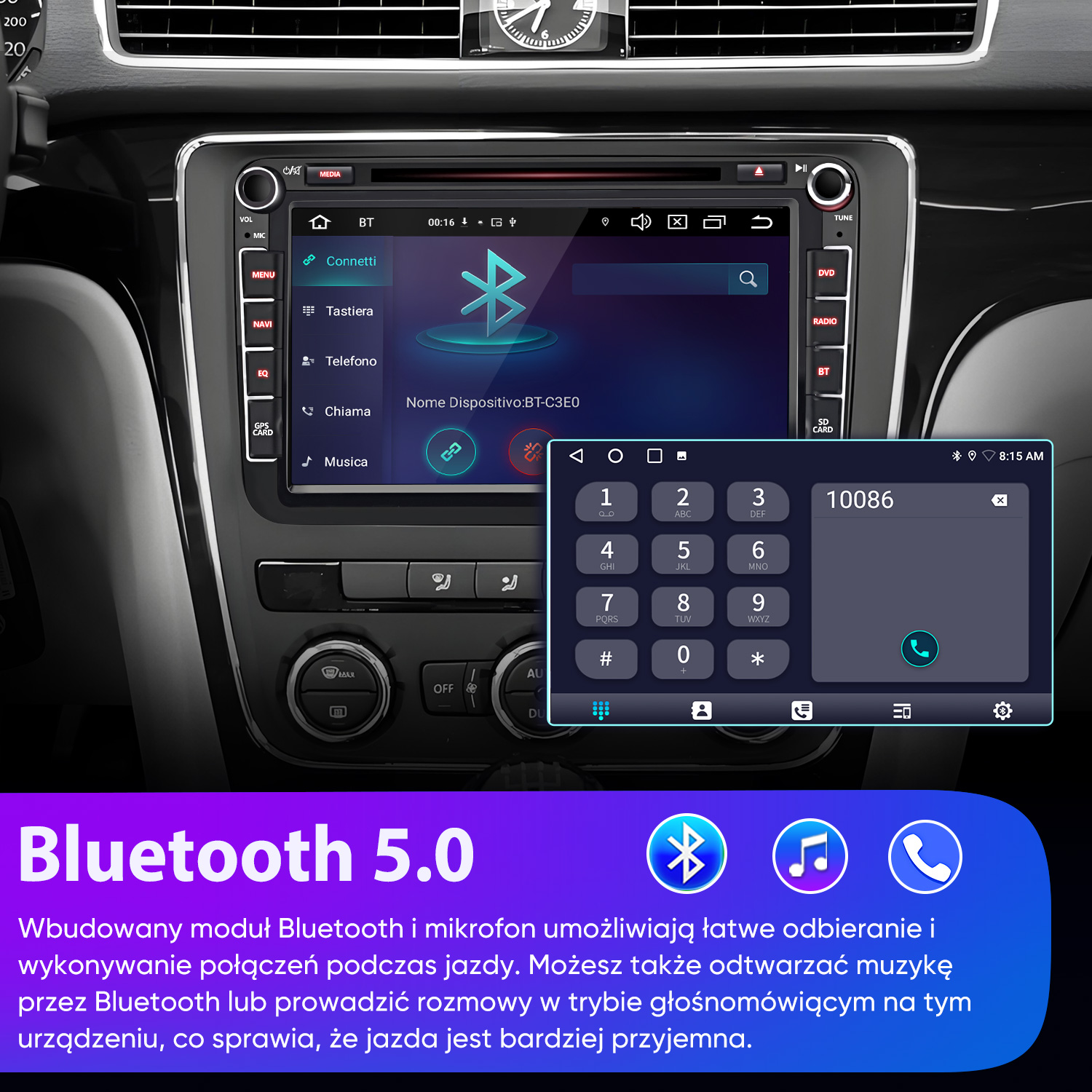 Radio samochodowe z ekranem dotykowym wyświetlające opcje Bluetooth.