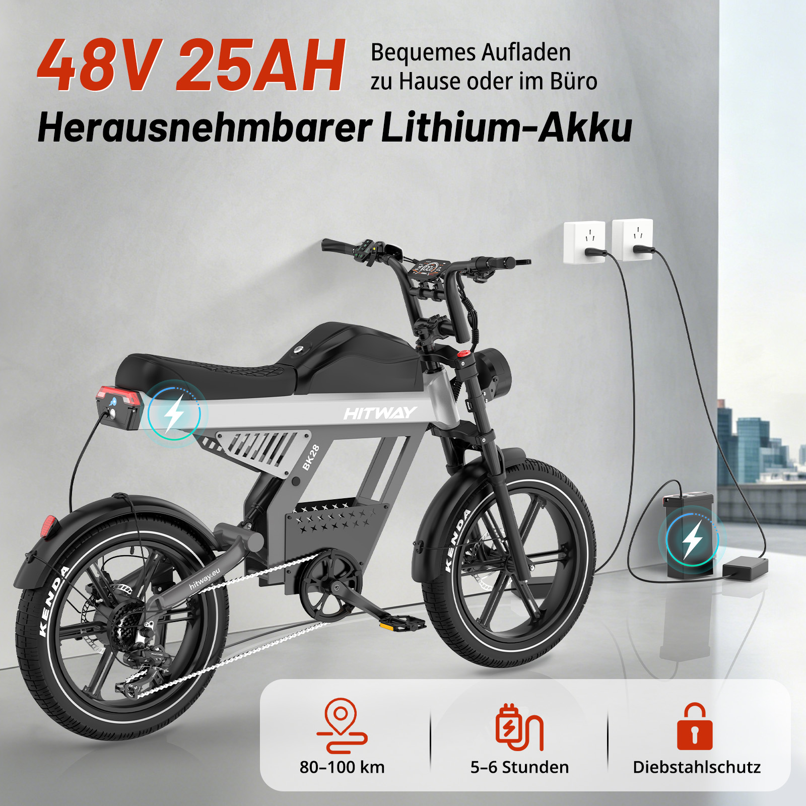 Ein schwarzes E-Bike wird mit einer 48V 25AH abnehmbaren Lithiumbatterie geladen.