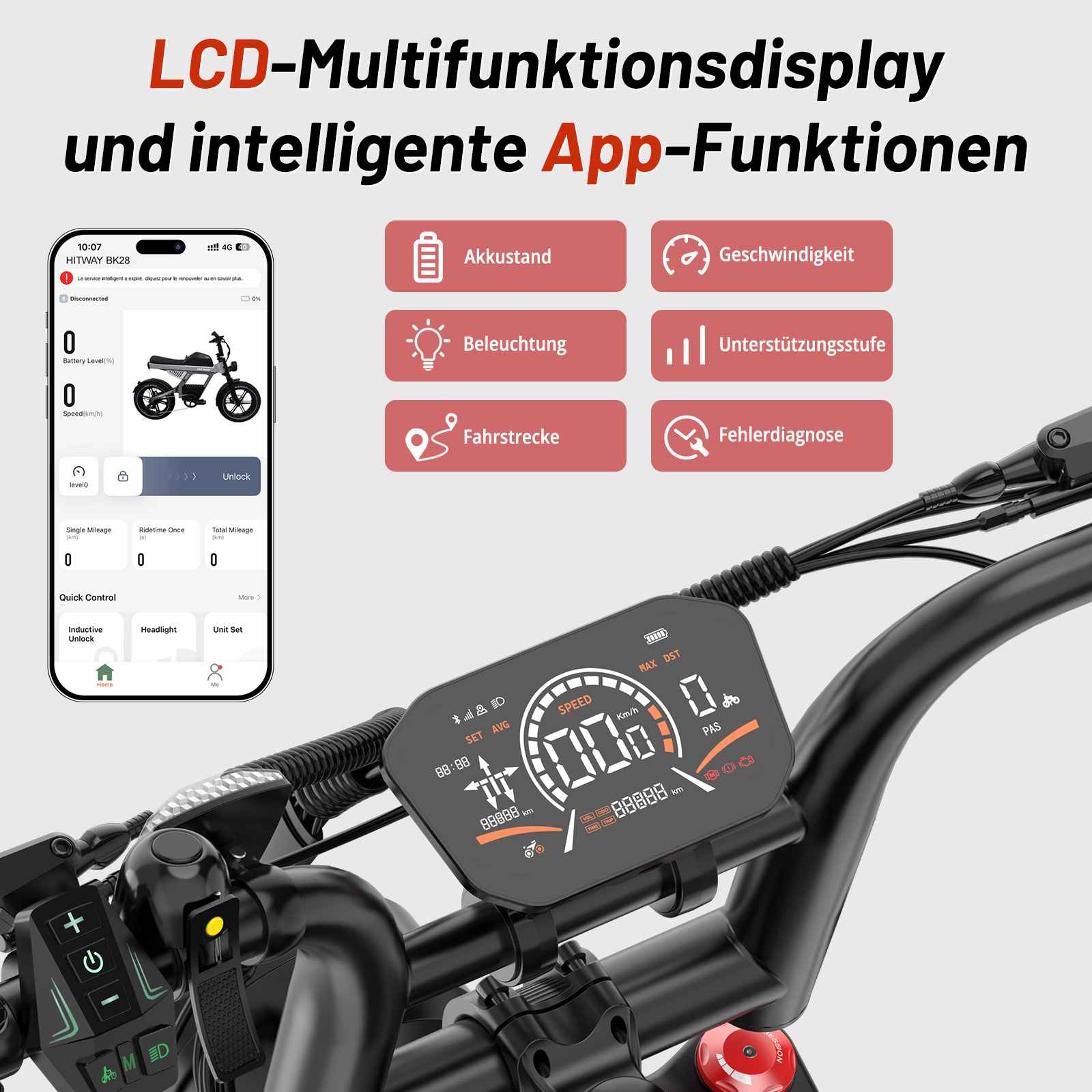 Fahrrad-Display mit App-Symbolen: Akku, Geschwindigkeit, Licht, Strecke, Diagnose.